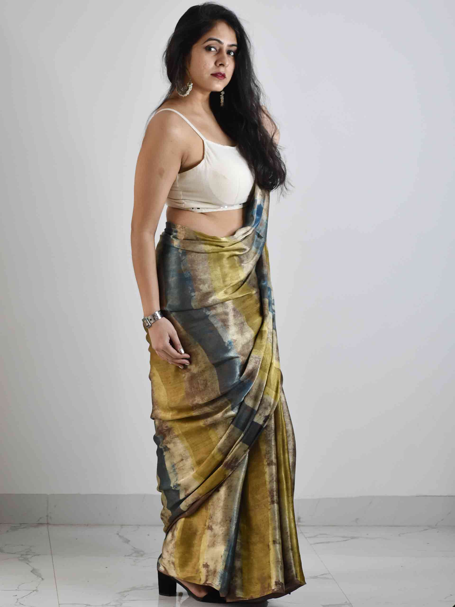 Brown Yellow Blue Ajrakh Mashru Silk Saree