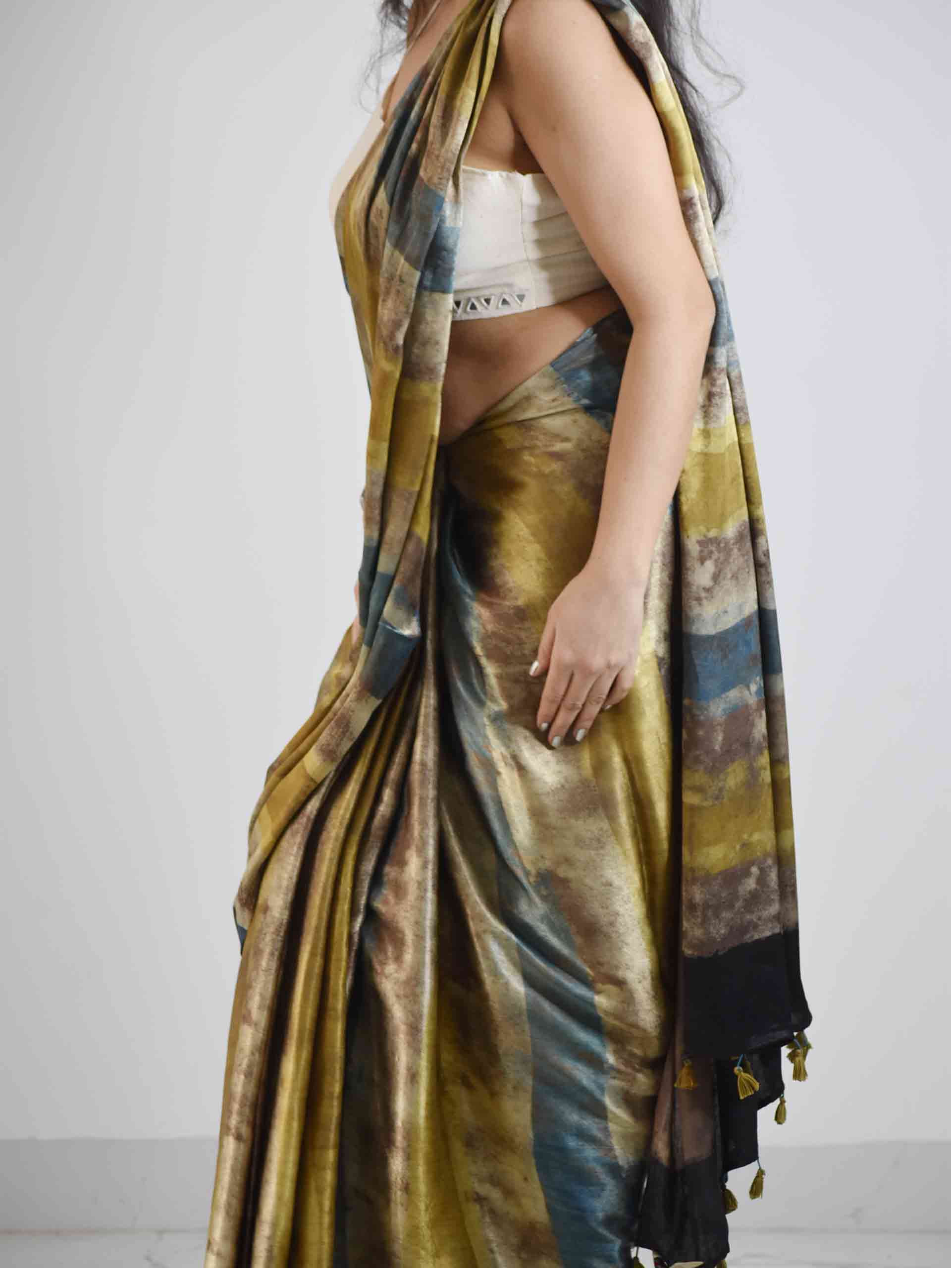 Brown Yellow Blue Ajrakh Mashru Silk Saree
