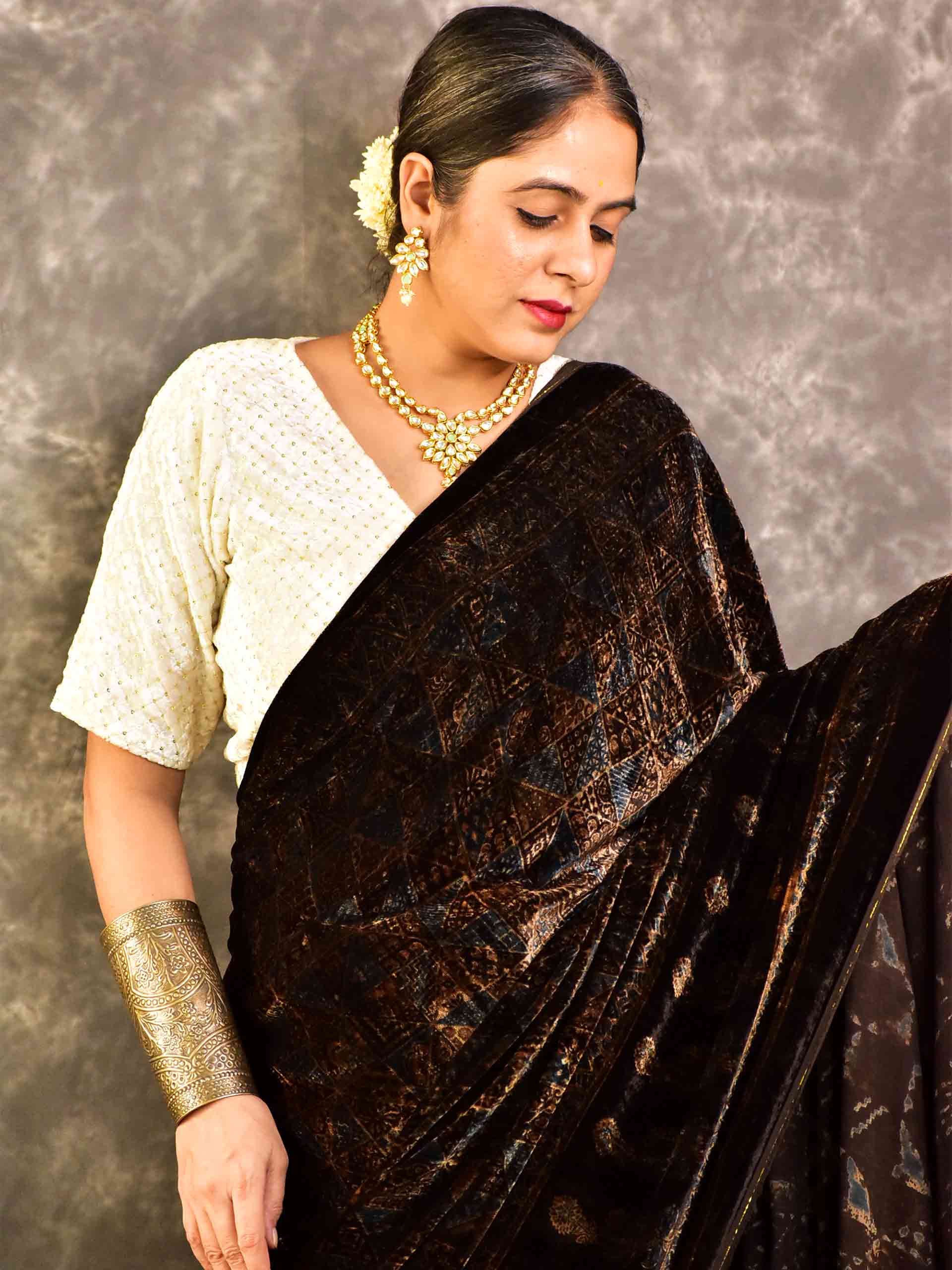 Kusuma - Ajrakh Silk Velvet Saree