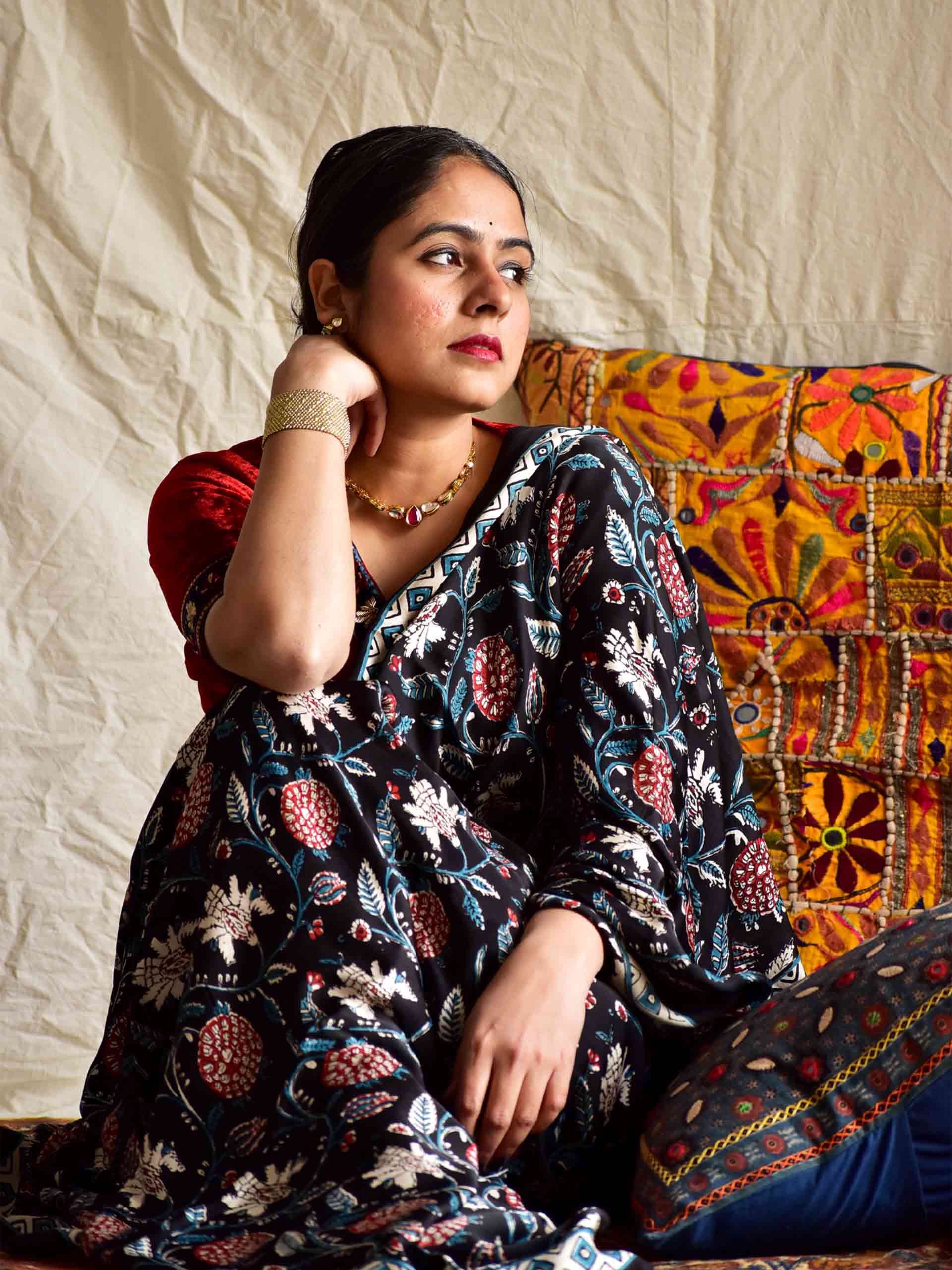 hand block printed Modal Silk Saree wih zari pallu