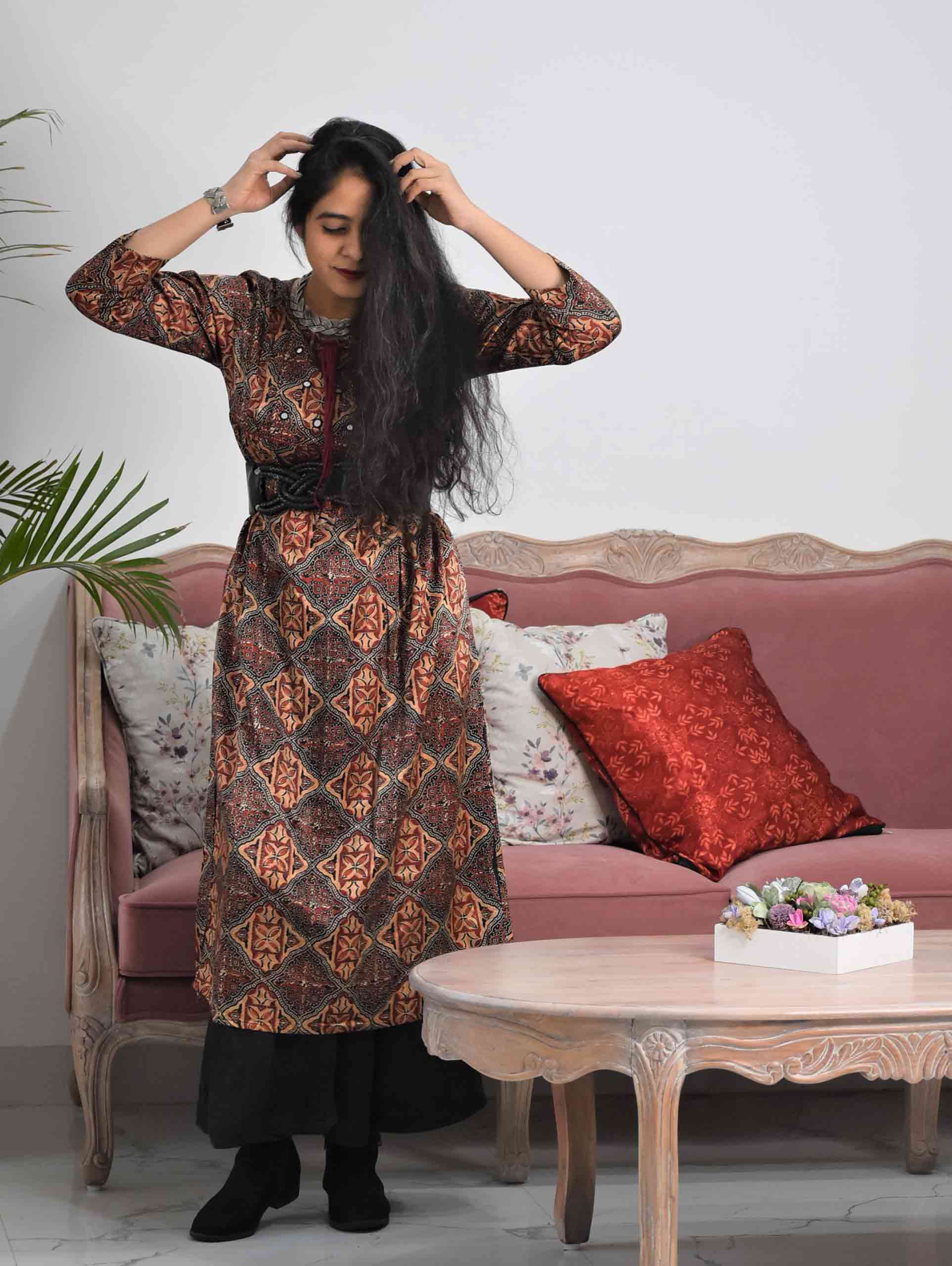 Brown Maroon Ajrakh Mashru Silk Kurti
