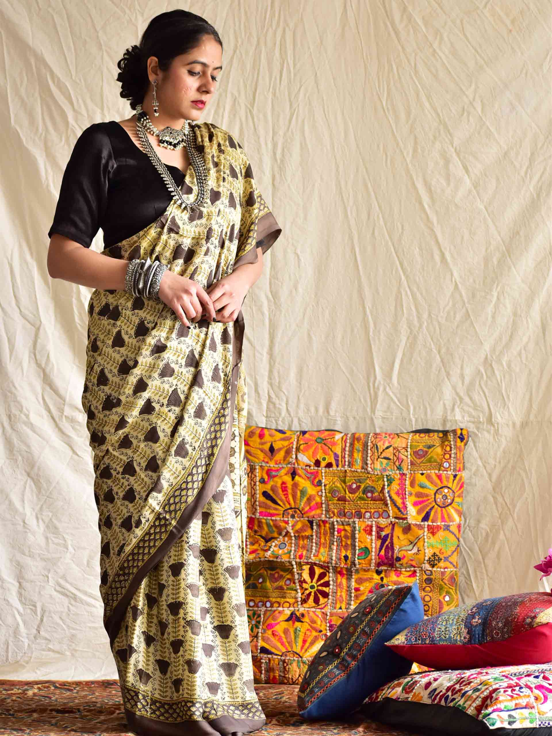 Ajrakh hand block printed Modal Silk Saree