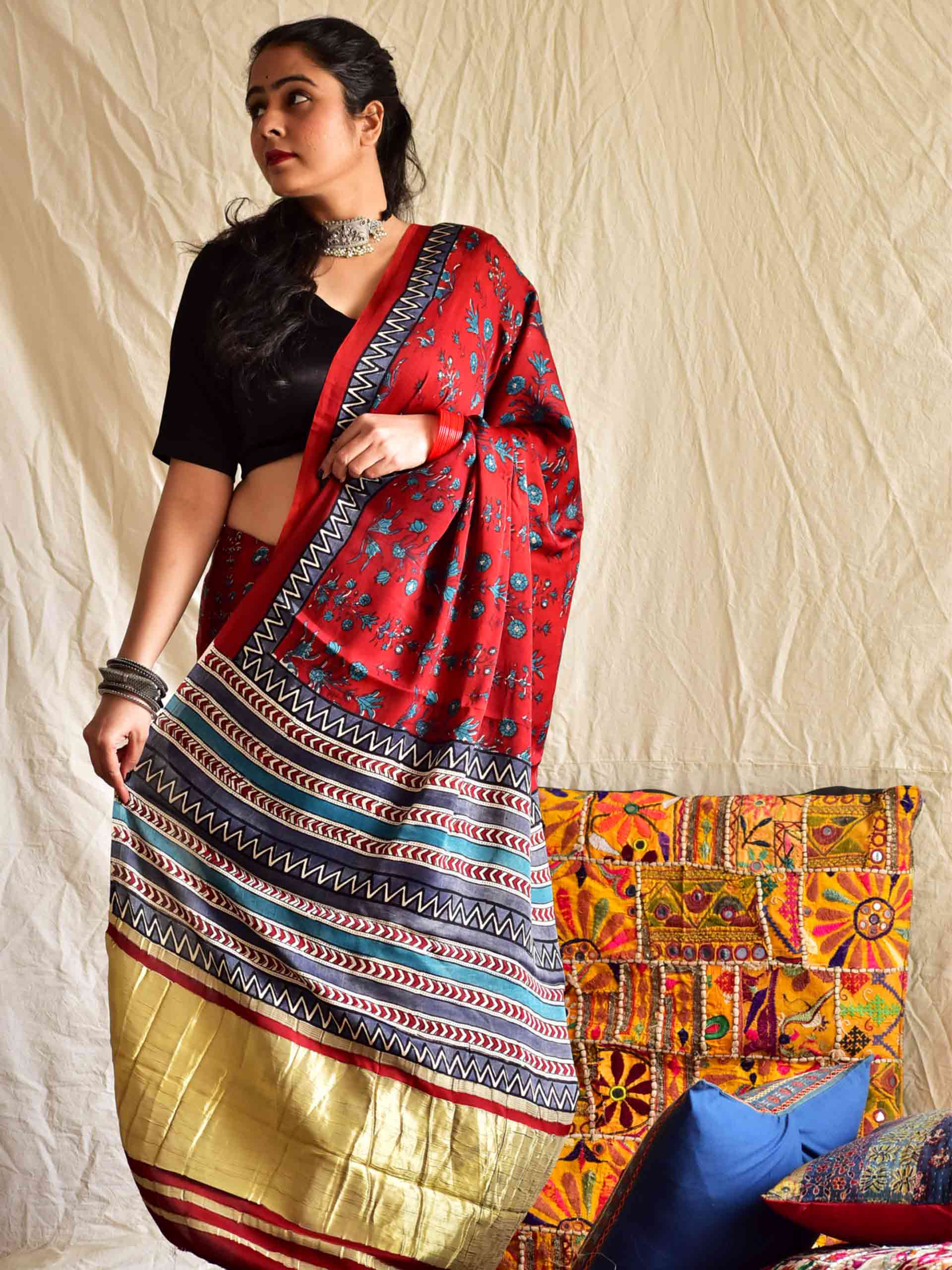hand block printed Modal Silk Saree with zari pallu