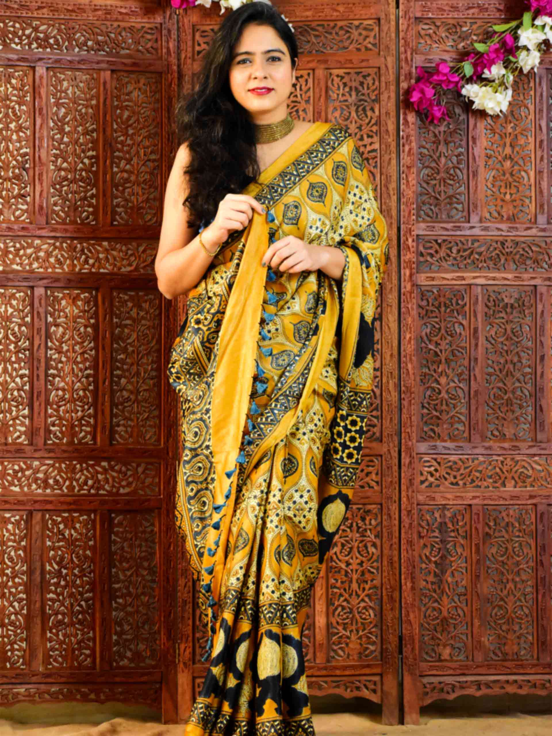 Buy Ajrakh Hand Block Printed Modal Silk Saree Online