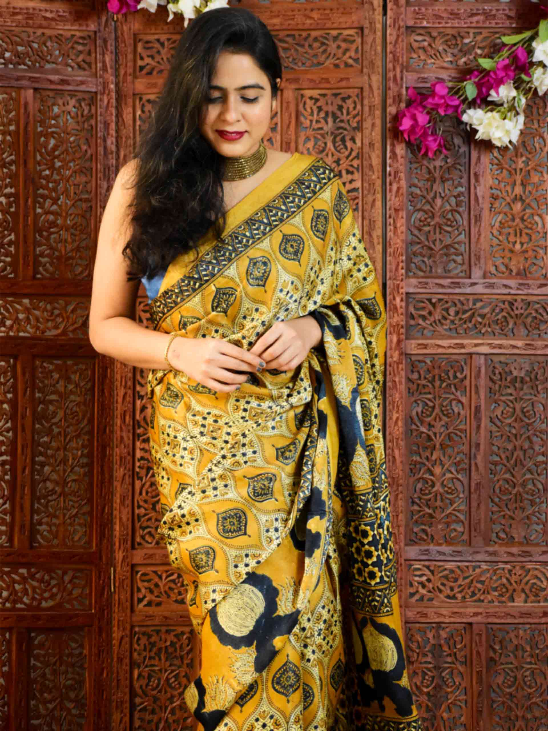 Buy Ajrakh Hand Block Printed Modal Silk Saree Online