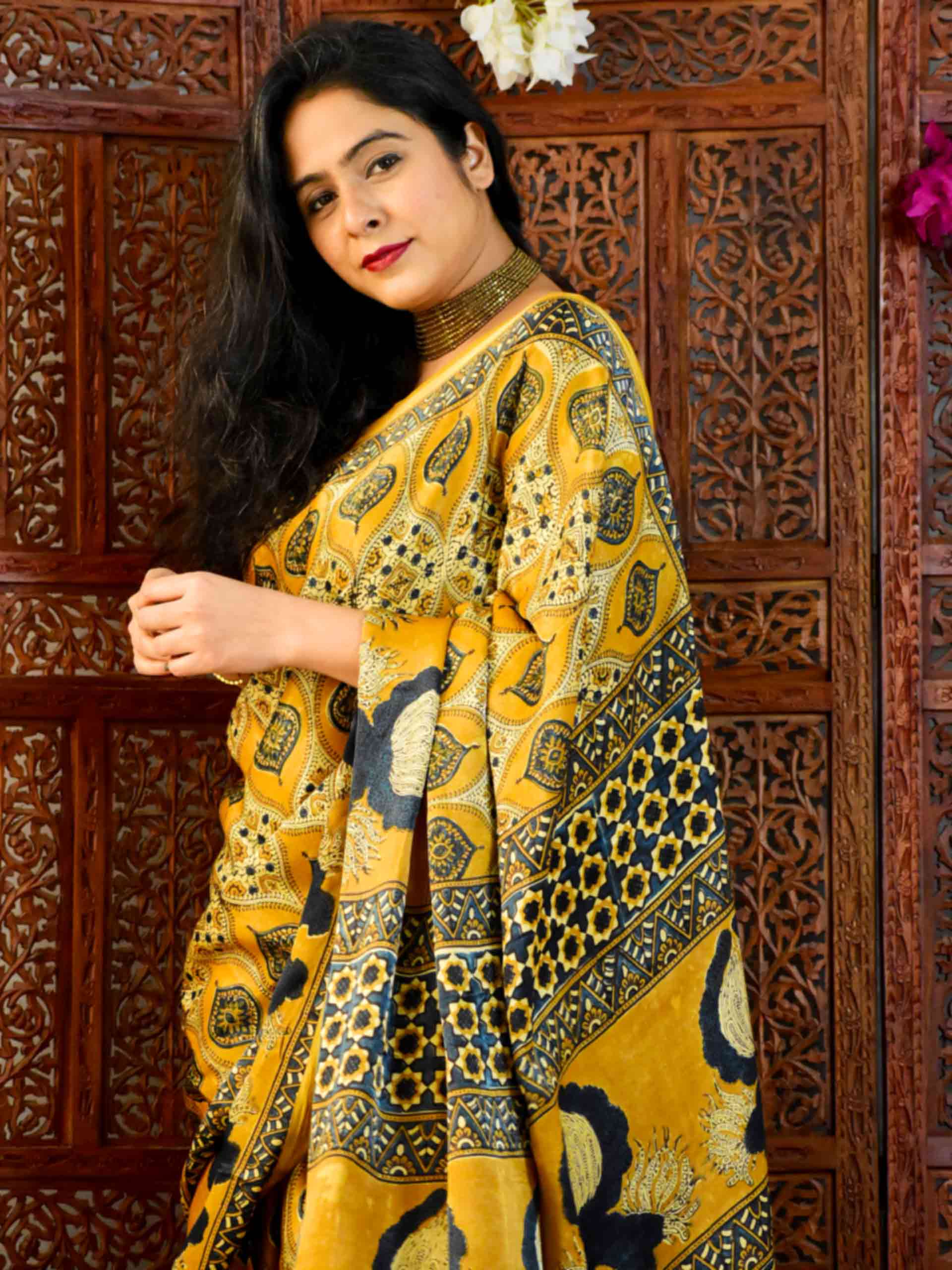 Buy Ajrakh Hand Block Printed Modal Silk Saree Online