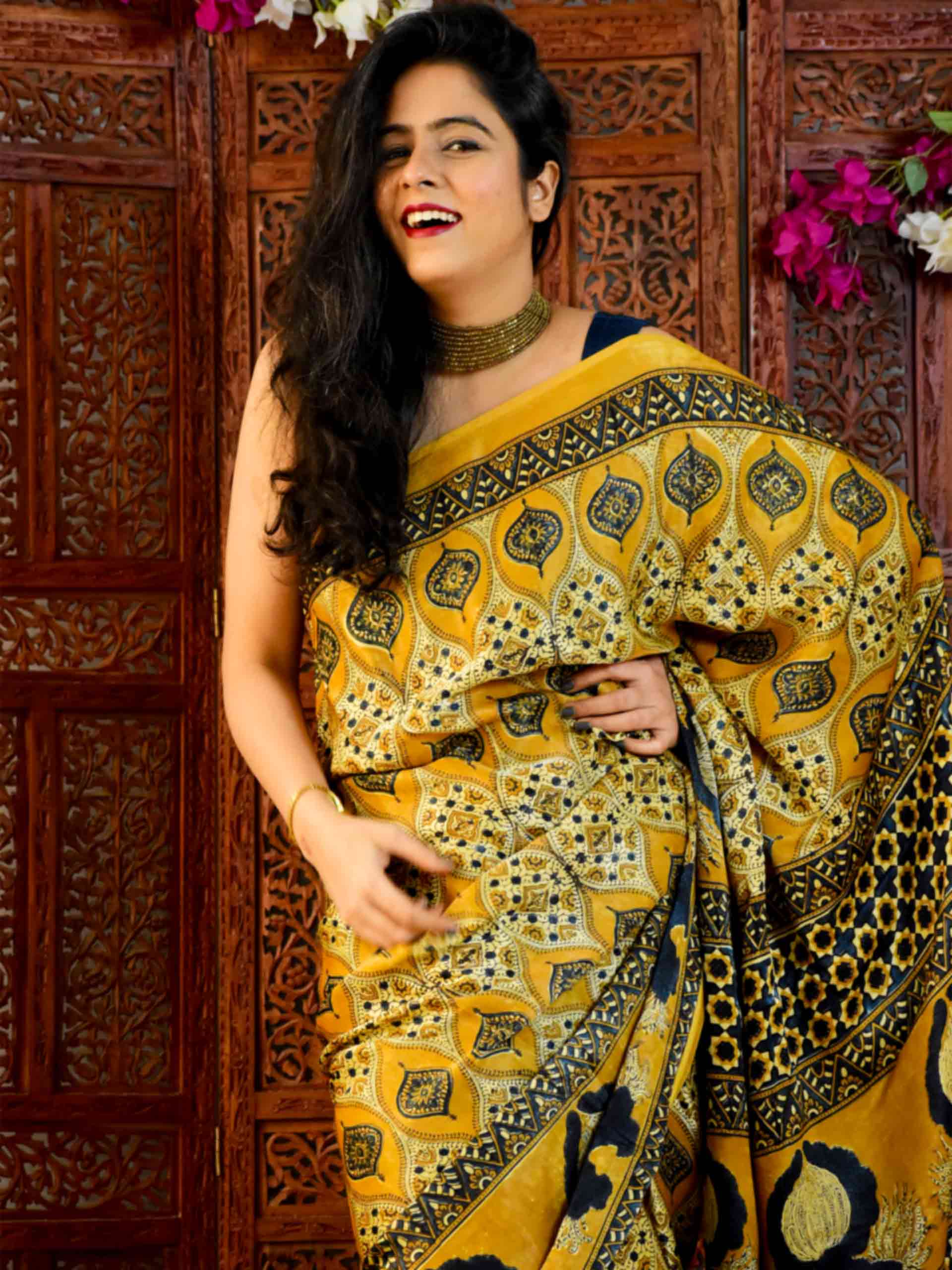 Buy Ajrakh Hand Block Printed Modal Silk Saree Online