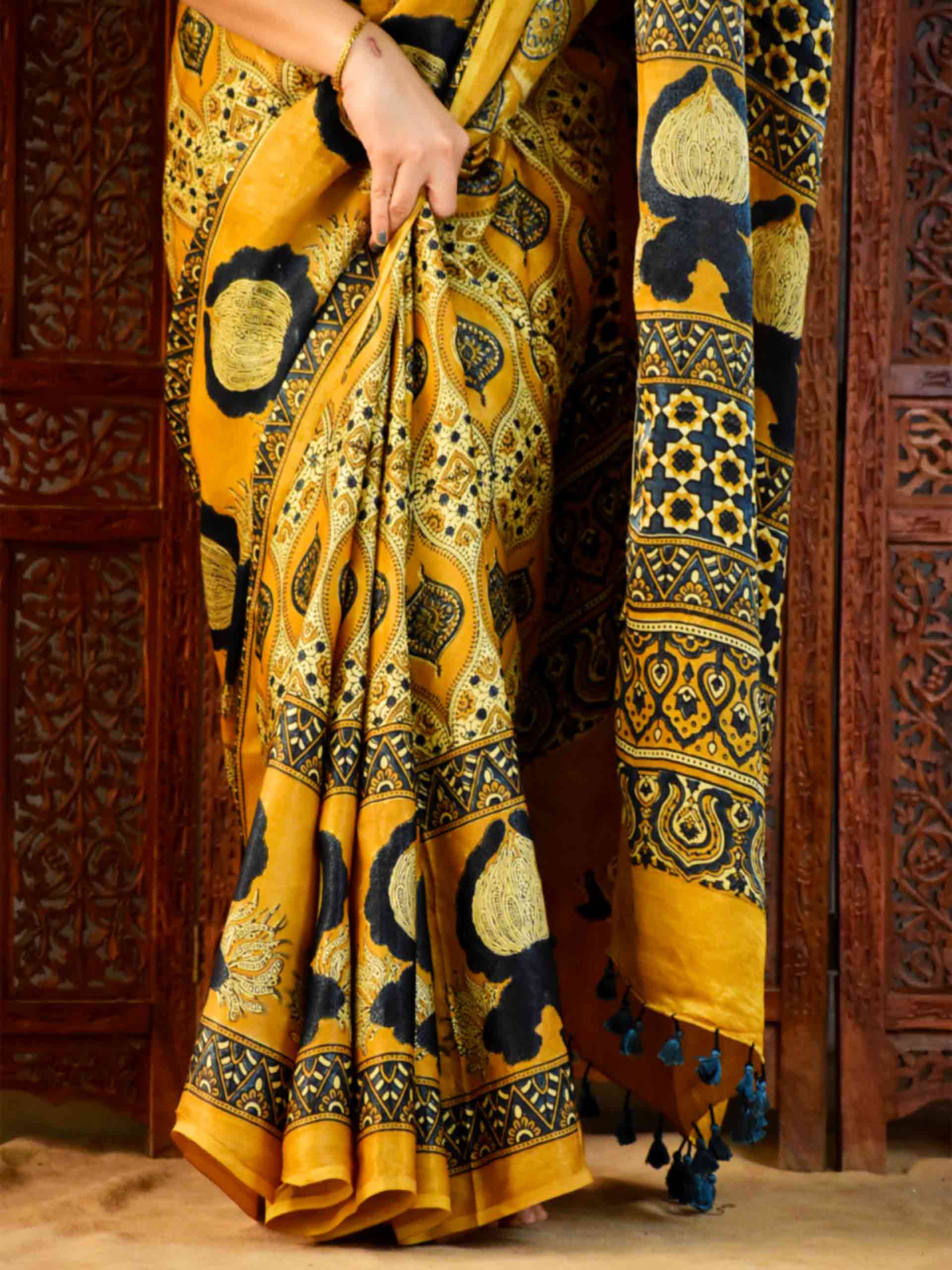 Buy Ajrakh Hand Block Printed Modal Silk Saree Online