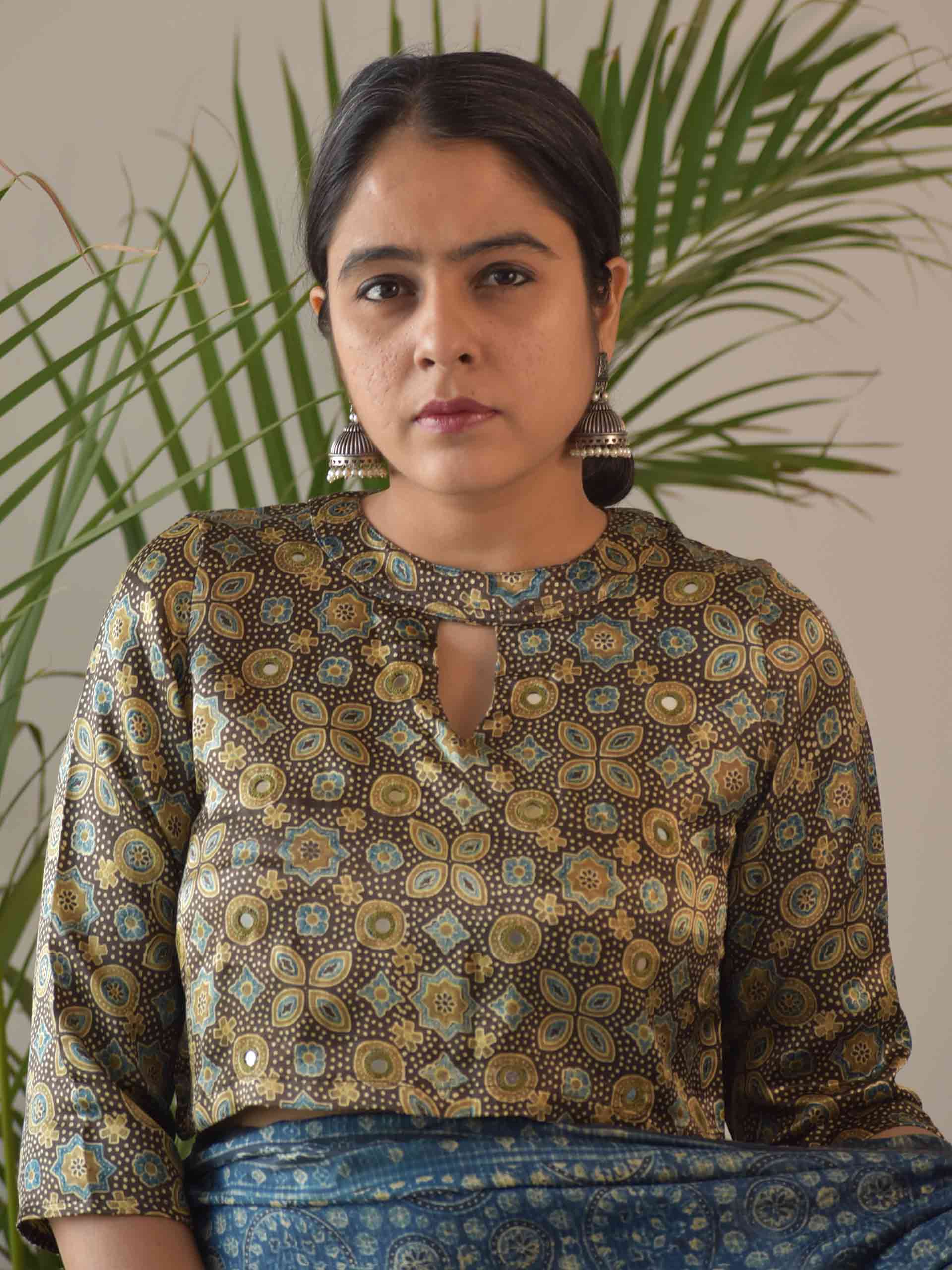 Buy Olive Green Ajrakh Mashru Silk Blouse Online