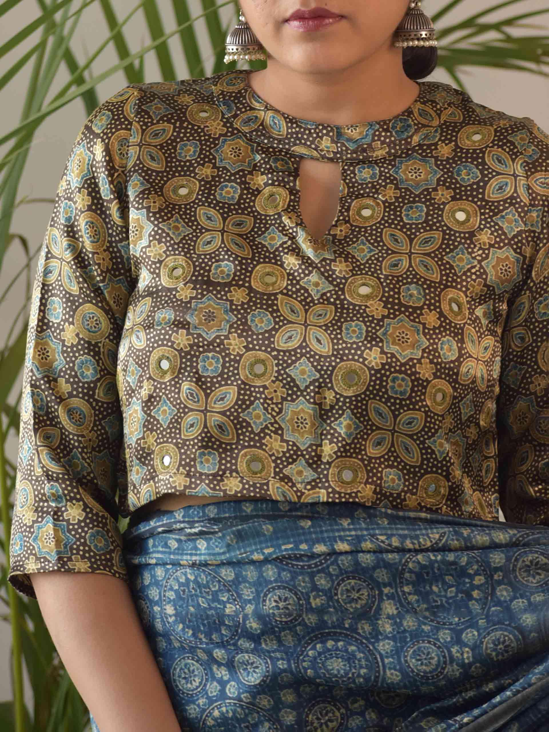 Buy Olive Green Ajrakh Mashru Silk Blouse Online