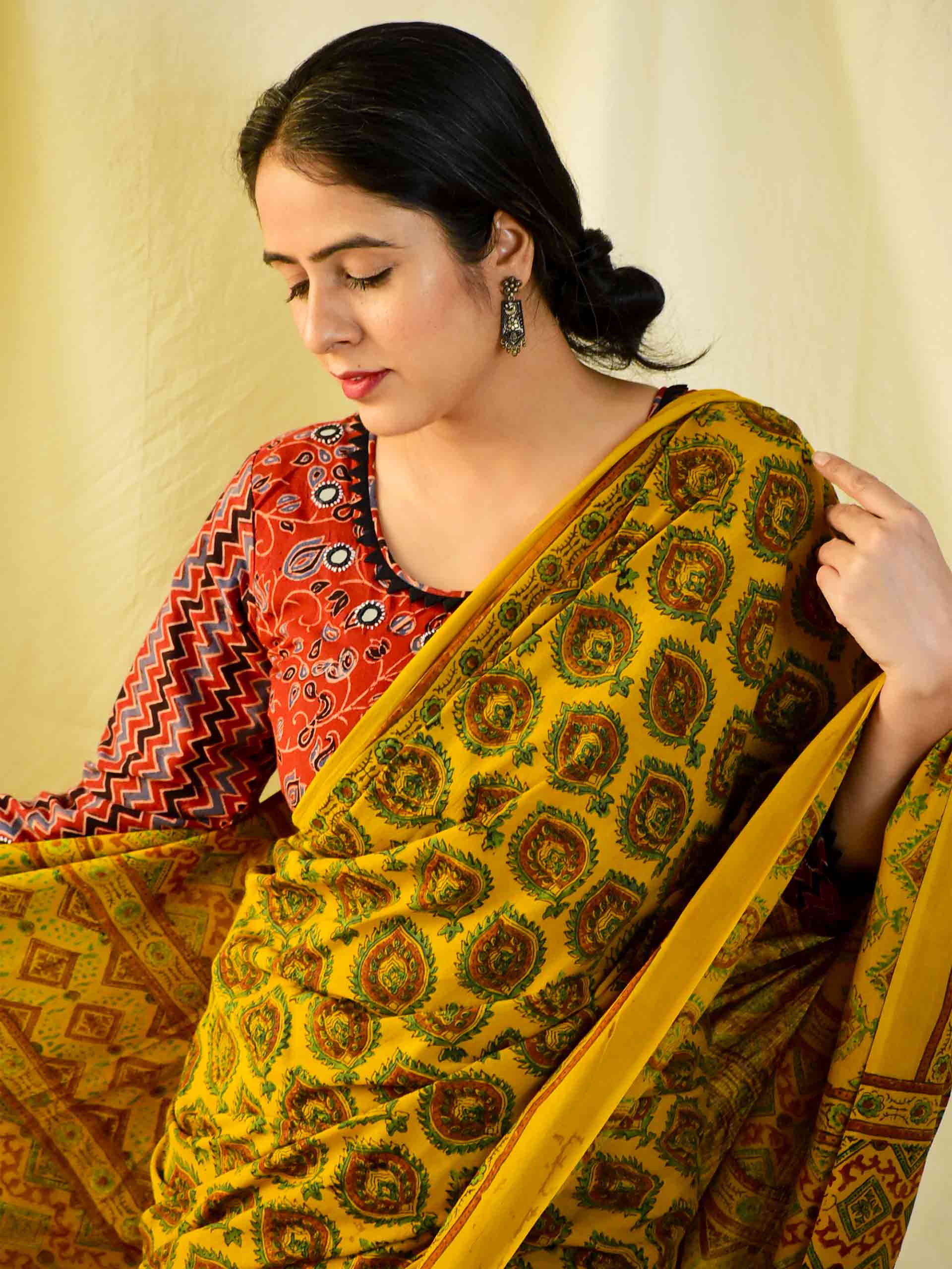 Ajrakh hand block printed mul cotton saree