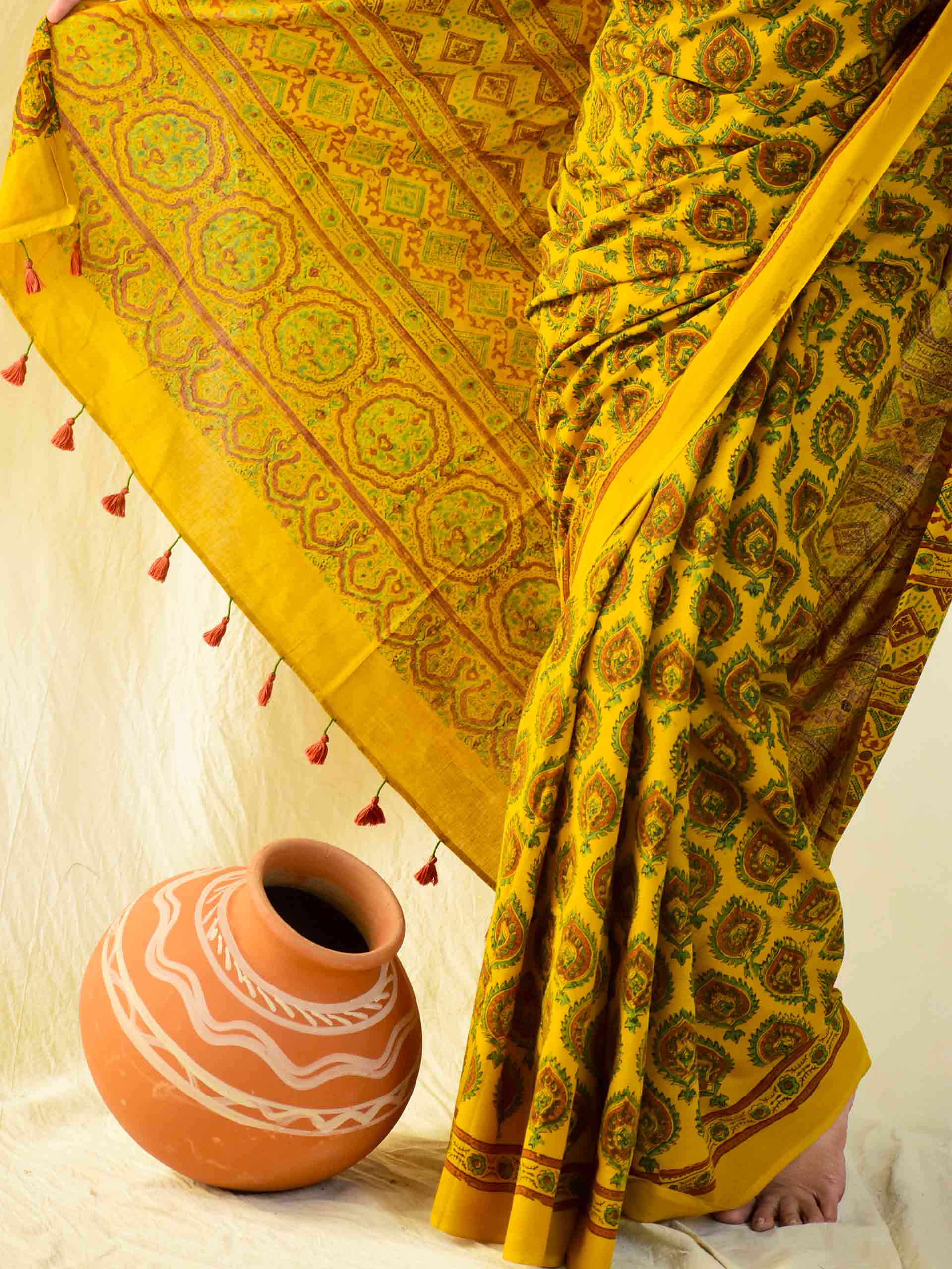 Ajrakh hand block printed mul cotton saree