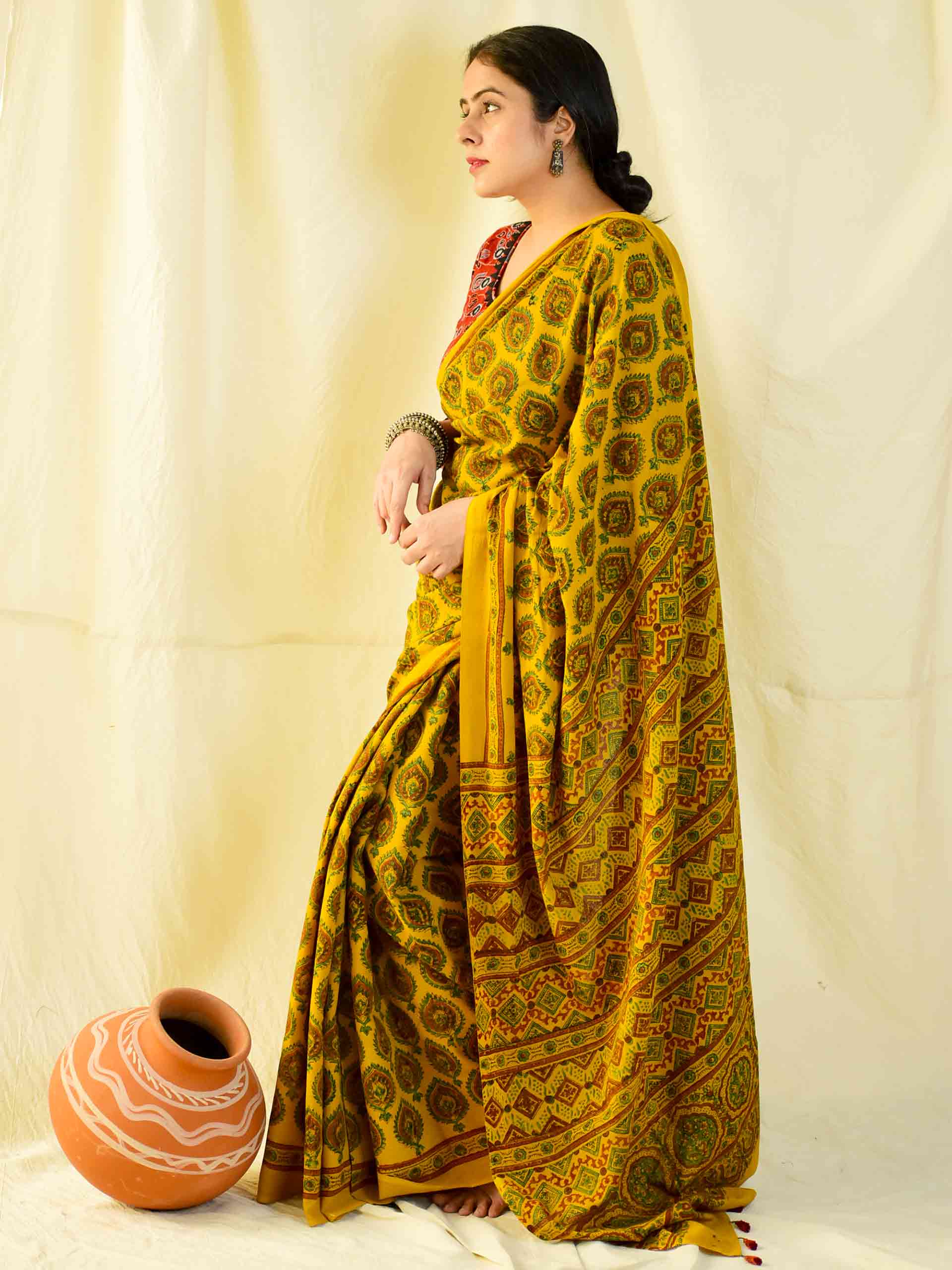 Ajrakh hand block printed mul cotton saree