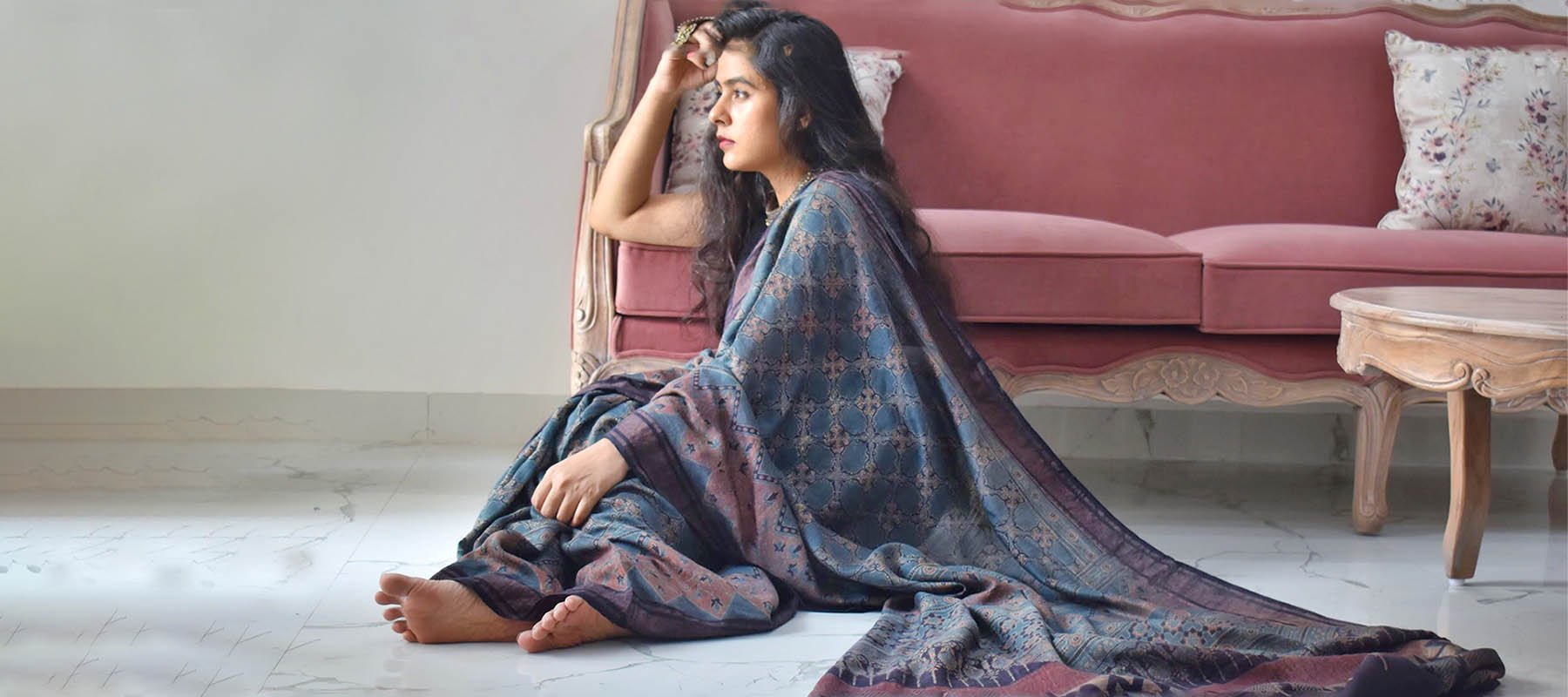 Buy online Ajrakh Tussar silk sarees