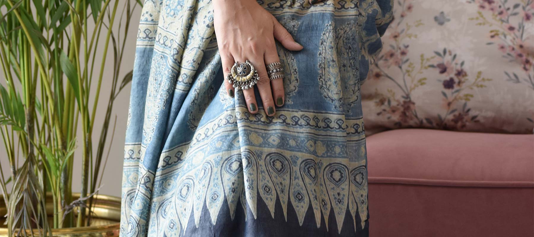 Buy online Ajrakh Tussar Eri silk saree collection