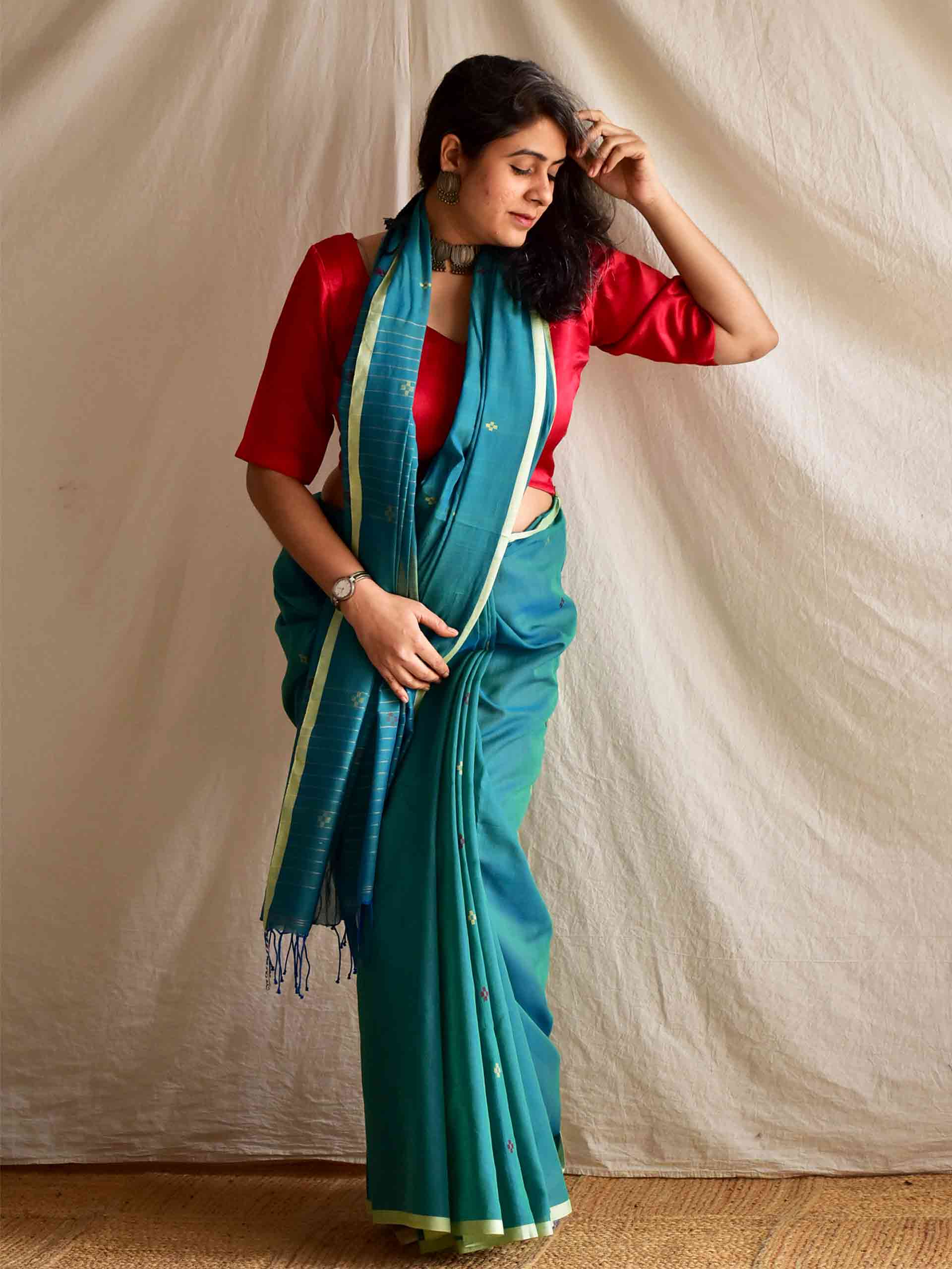 Sea green - handloom Jamdani mul cotton saree
