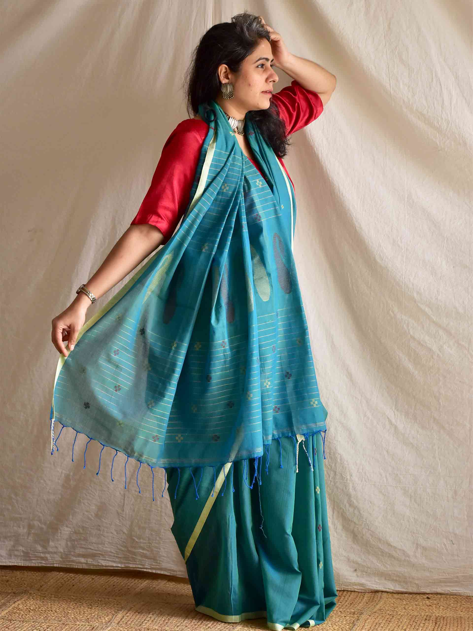 Sea green - handloom Jamdani mul cotton saree
