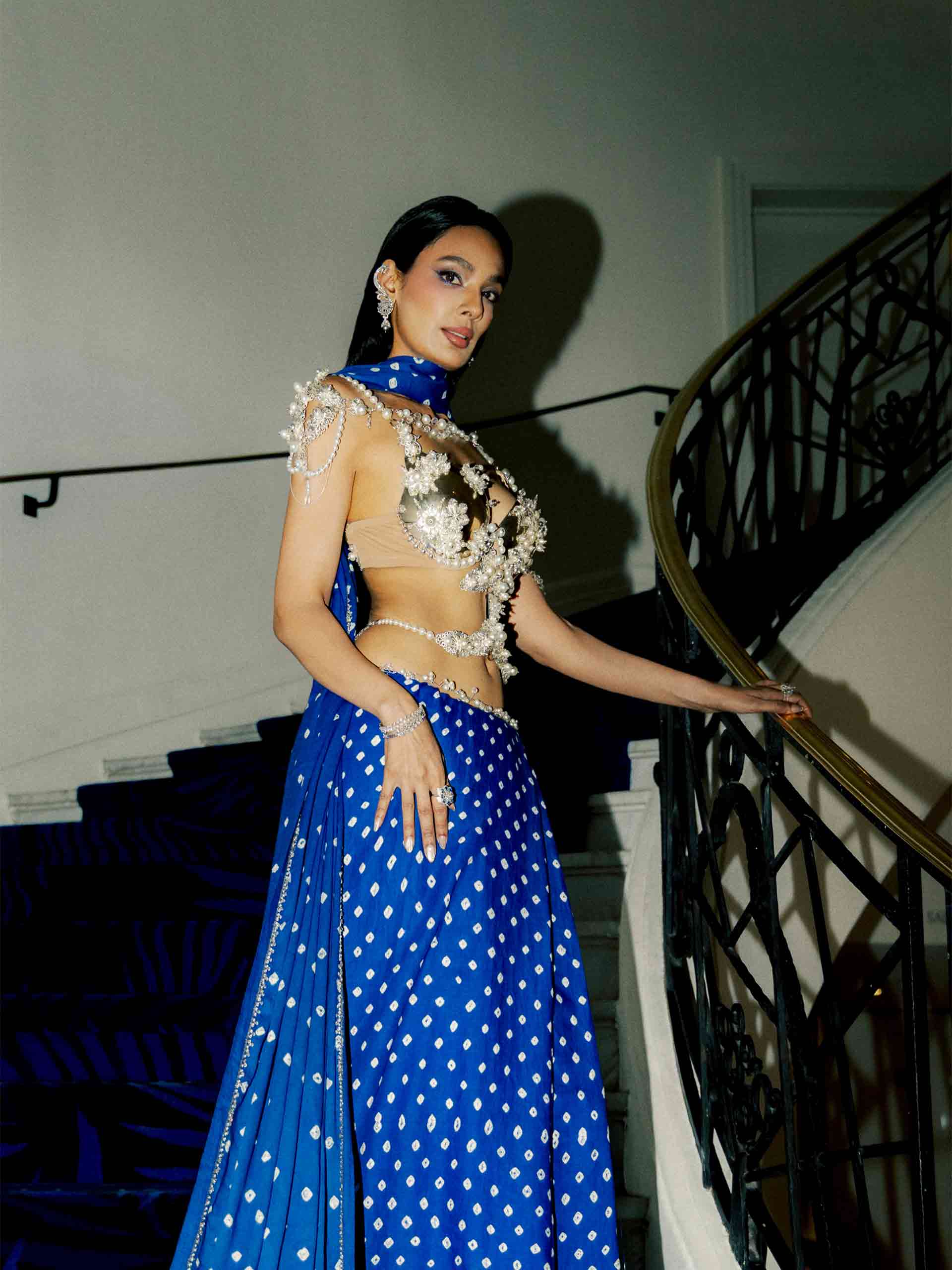 Ishita Cannes look - hand embroidered Bandhani saree