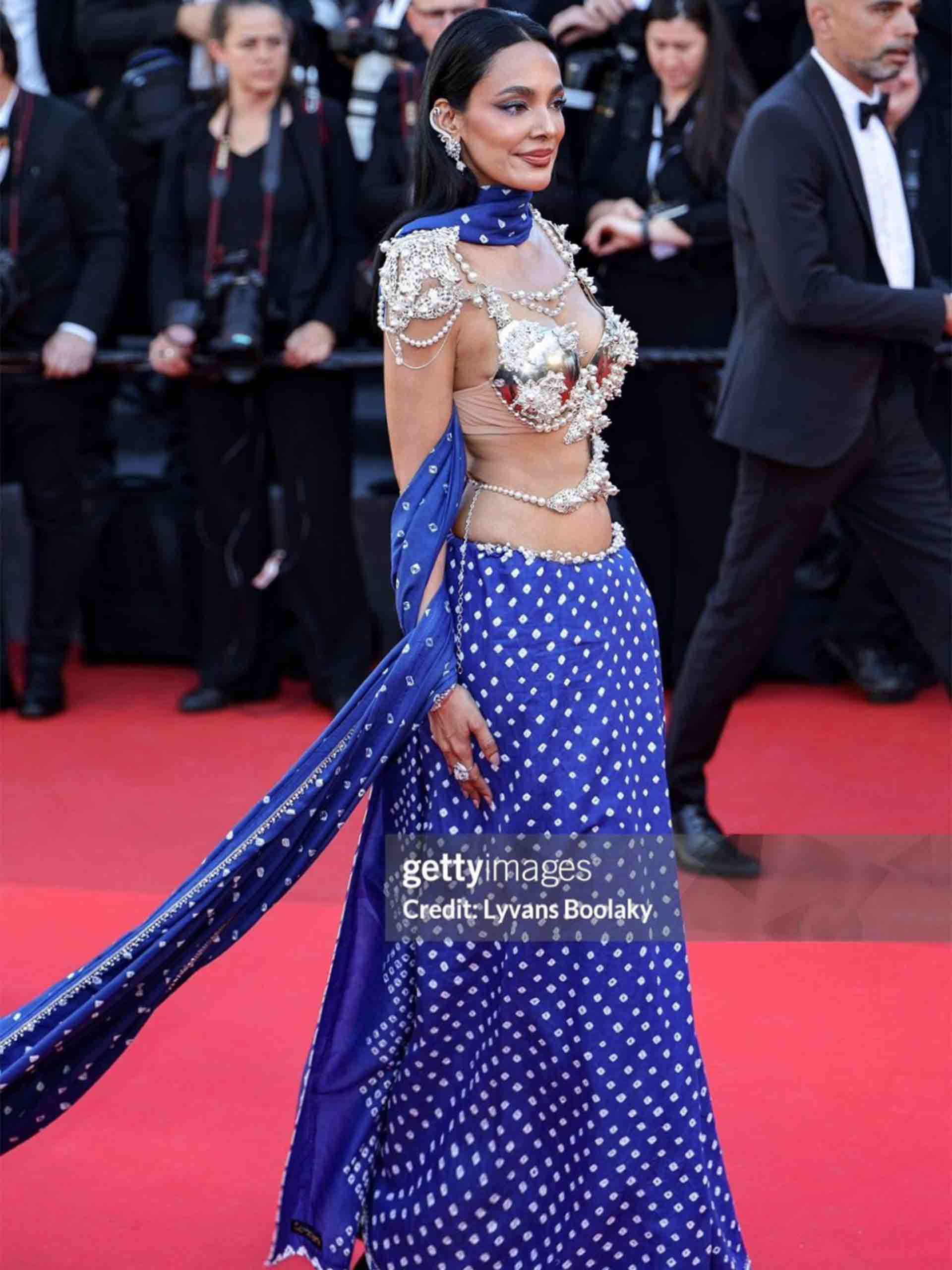 Ishita Cannes look - hand embroidered Bandhani saree