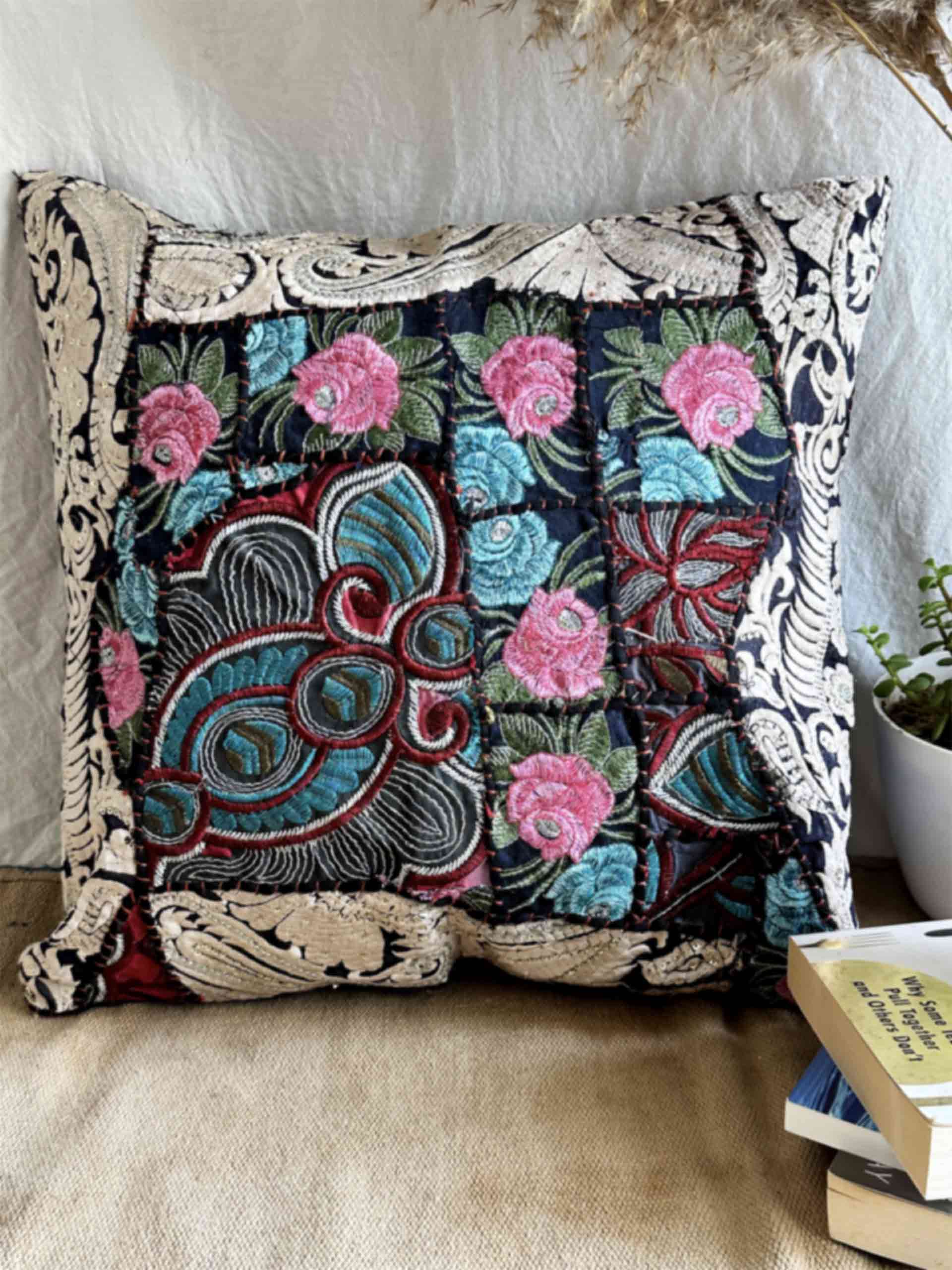 Dramatic - embroidered patchwork cushion cover 16X16