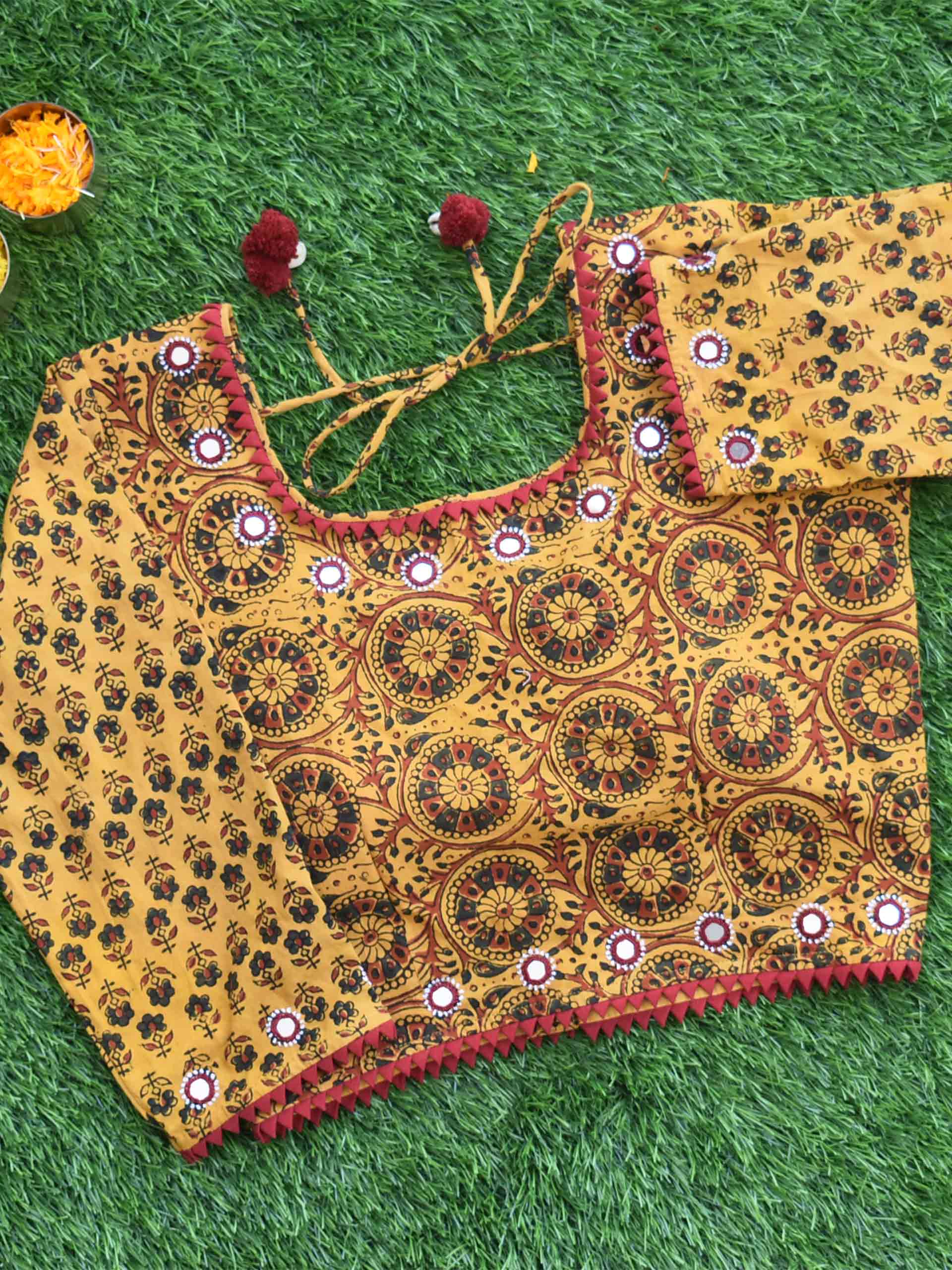 UD0061 - Yellow Ajrakh hand block printed Kutch mirror work blouse