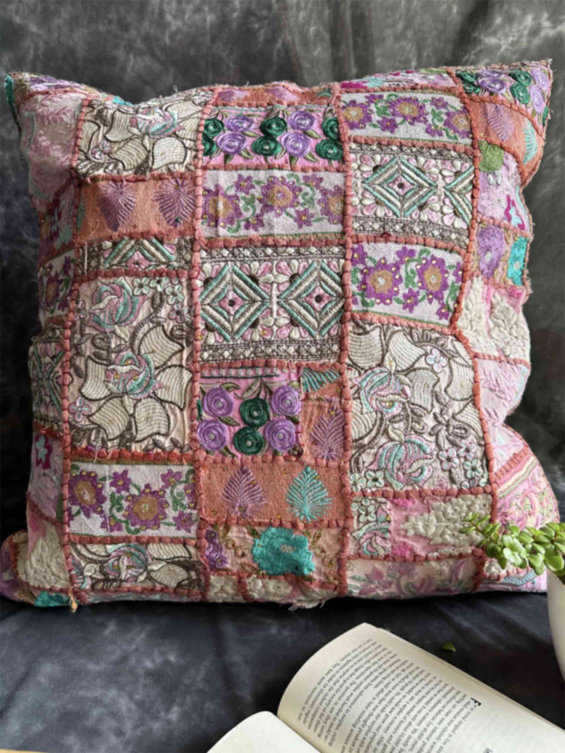 Pink city -  embroidered patchwork cushion cover 24 X 24