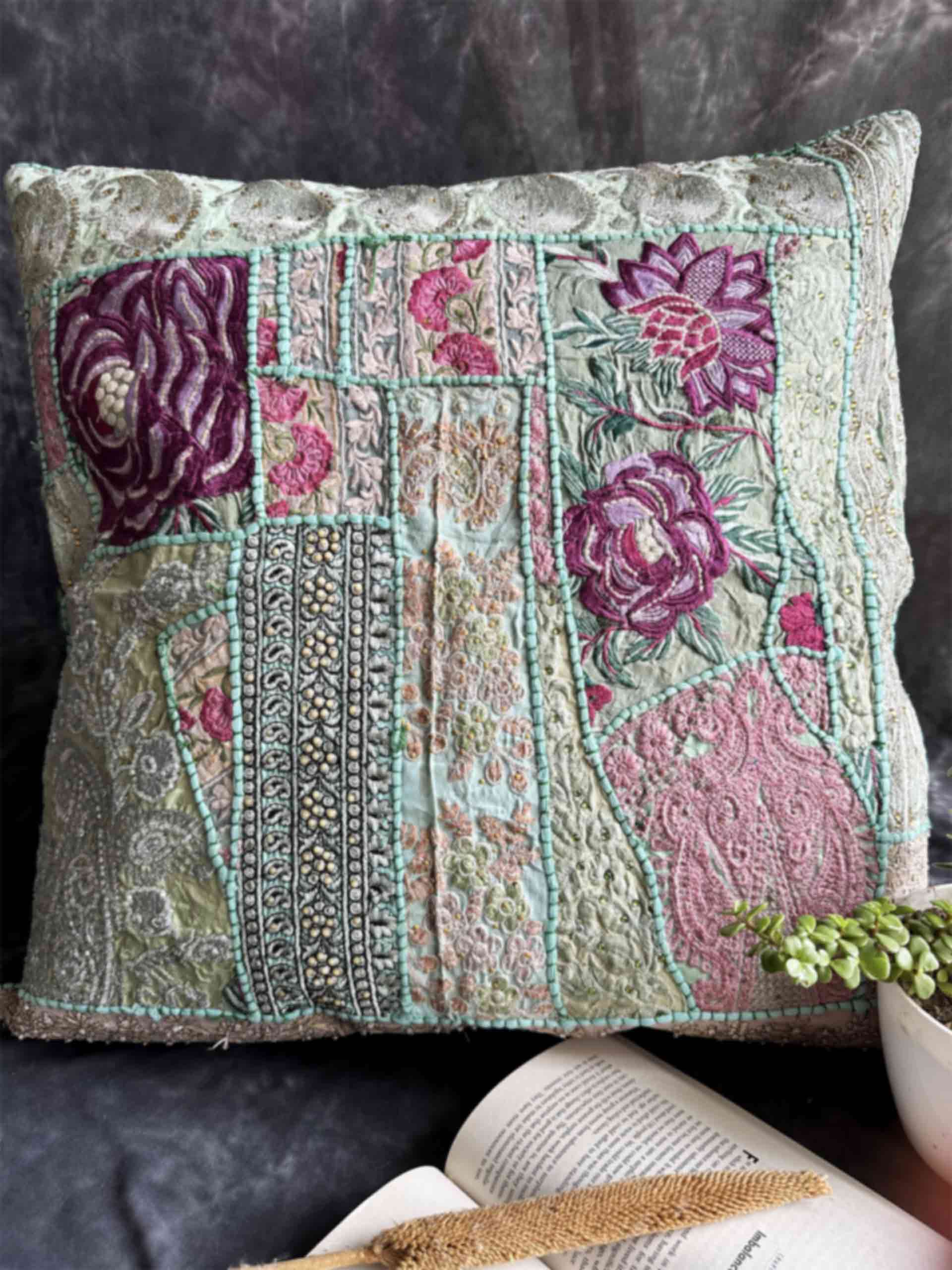 Petals - embroidered patchwork cushion cover 24 X 24
