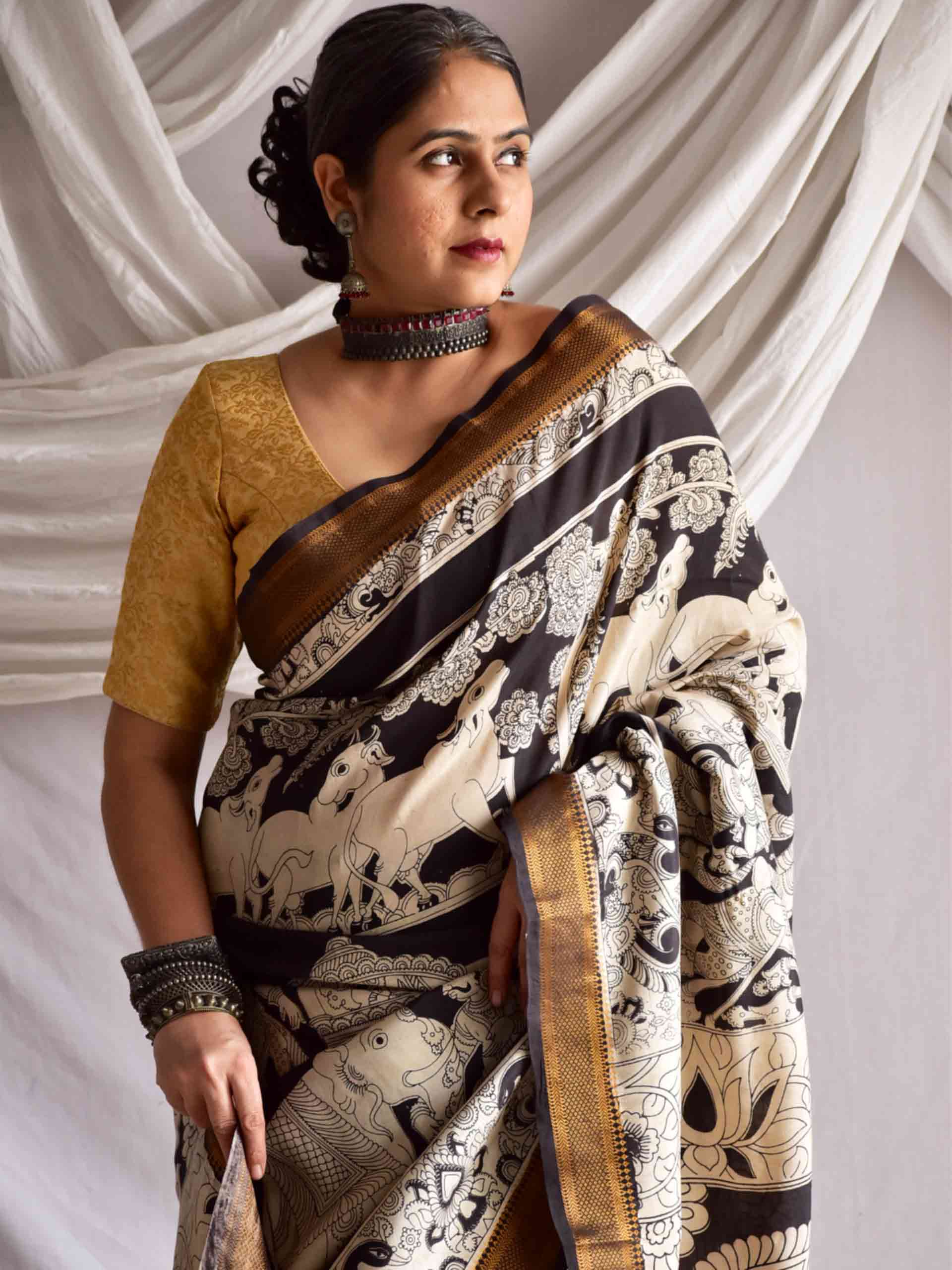 Mridula - kalamkari printed Bangalore Silk nizam border saree