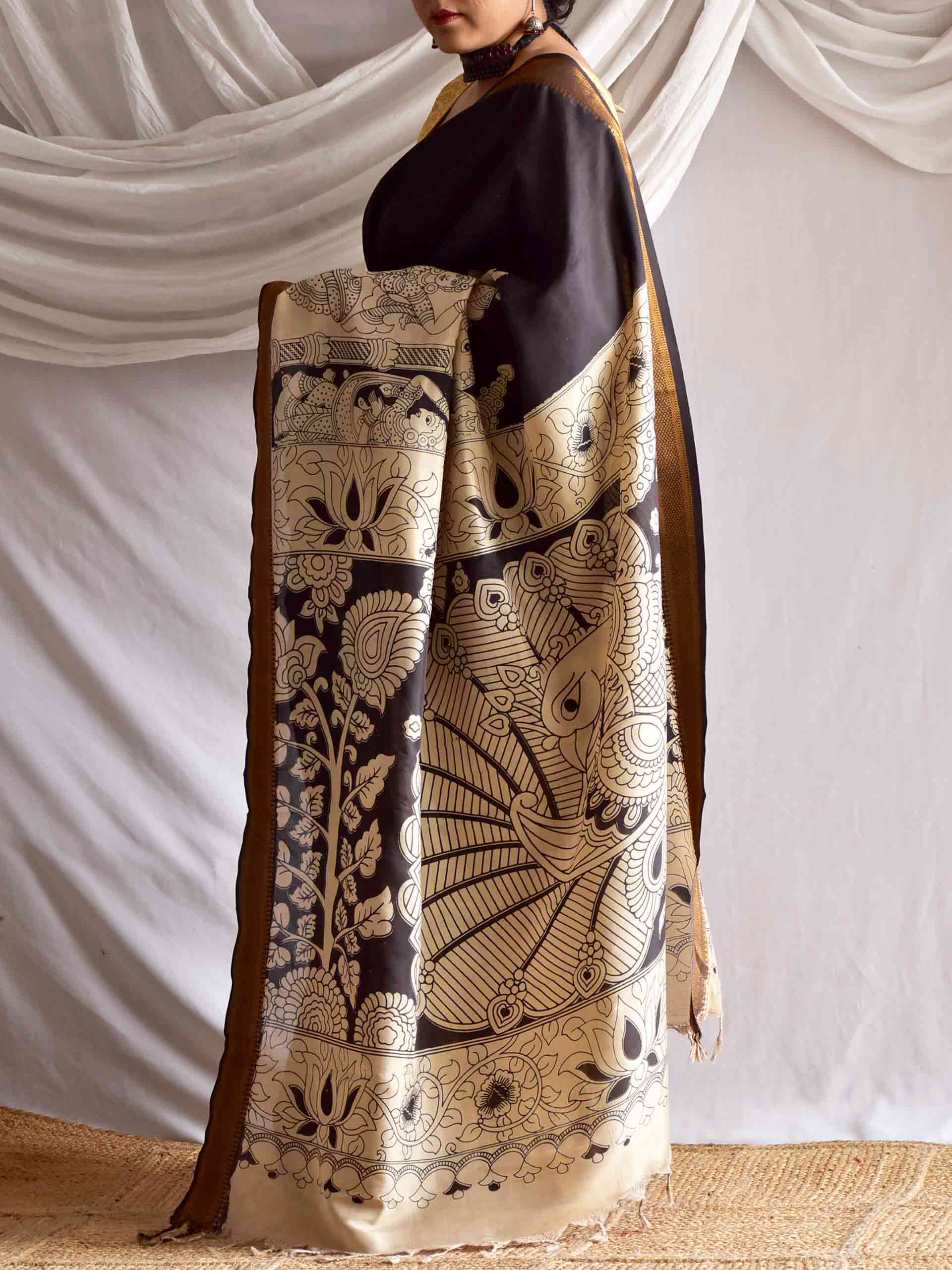 Dev - kalamkari printed Bangalore Silk nizam border saree