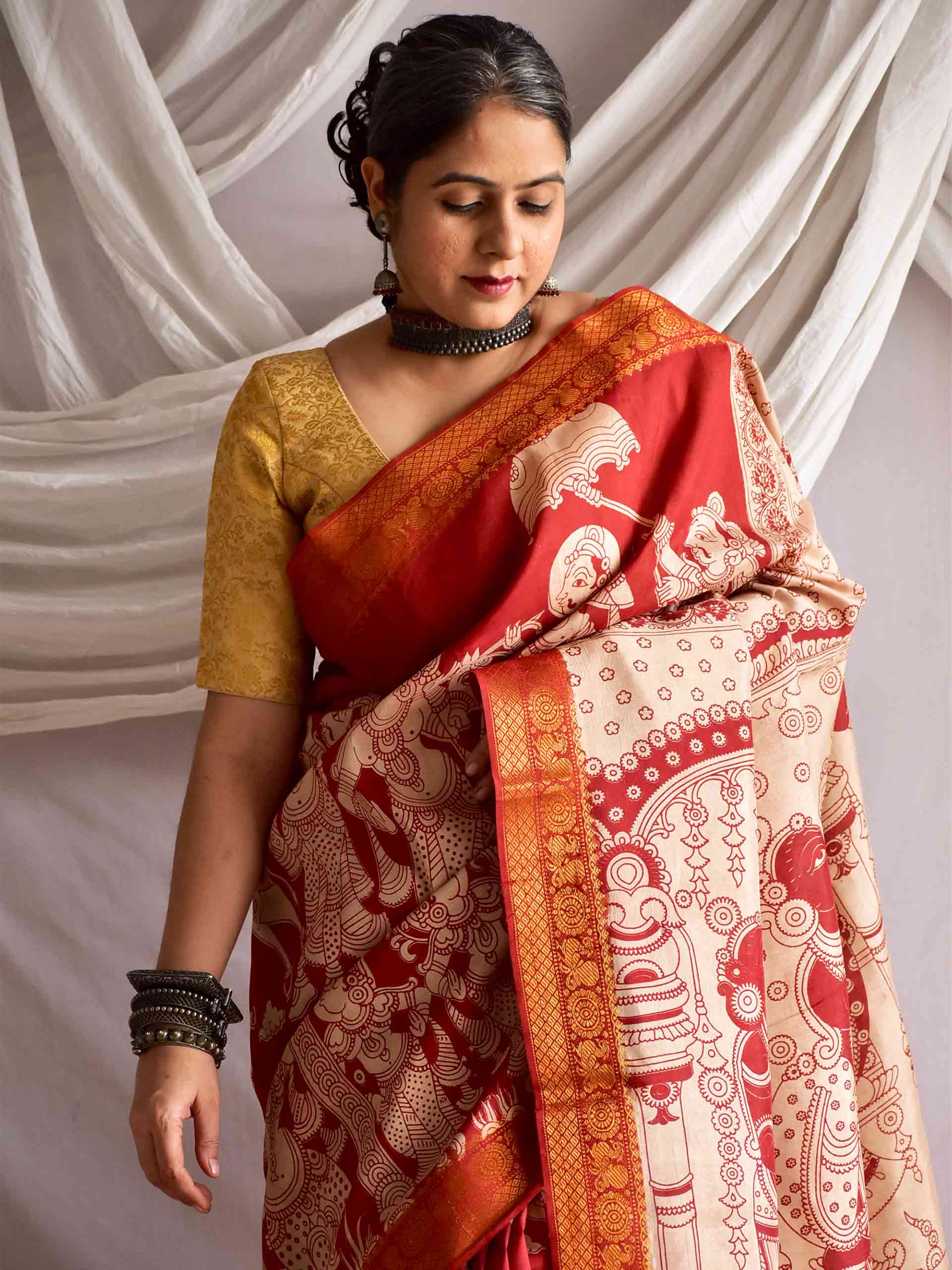 Meena - kalamkari printed Bangalore Silk nizam border saree