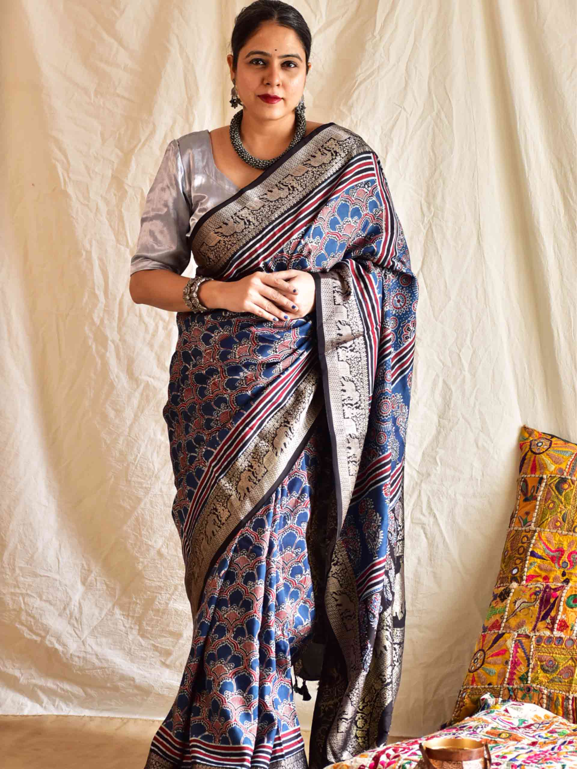 mona - Ajrakh Dola Silk zari border Saree