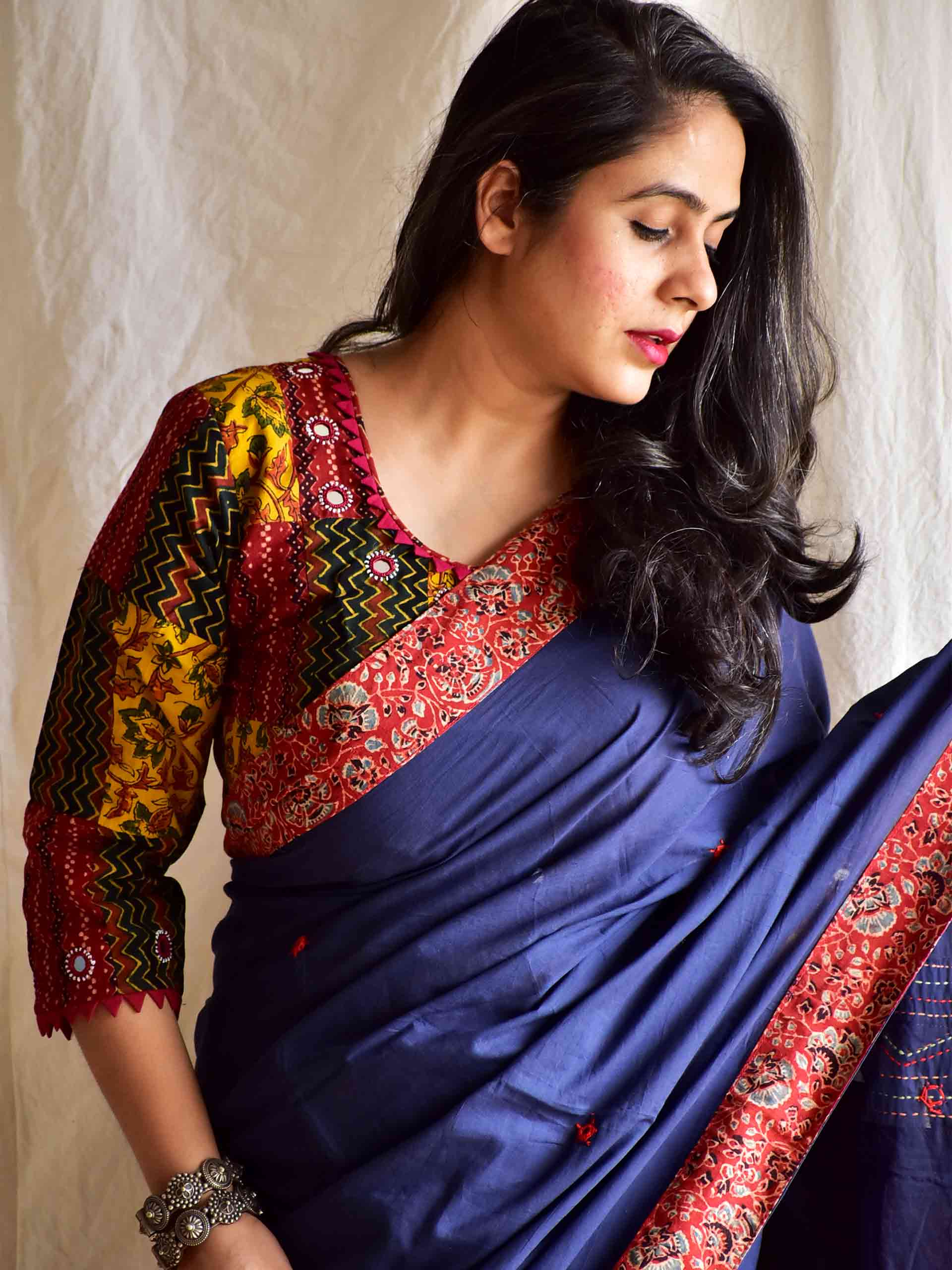 Morni - Ajrakh mirror work and patchwork saree