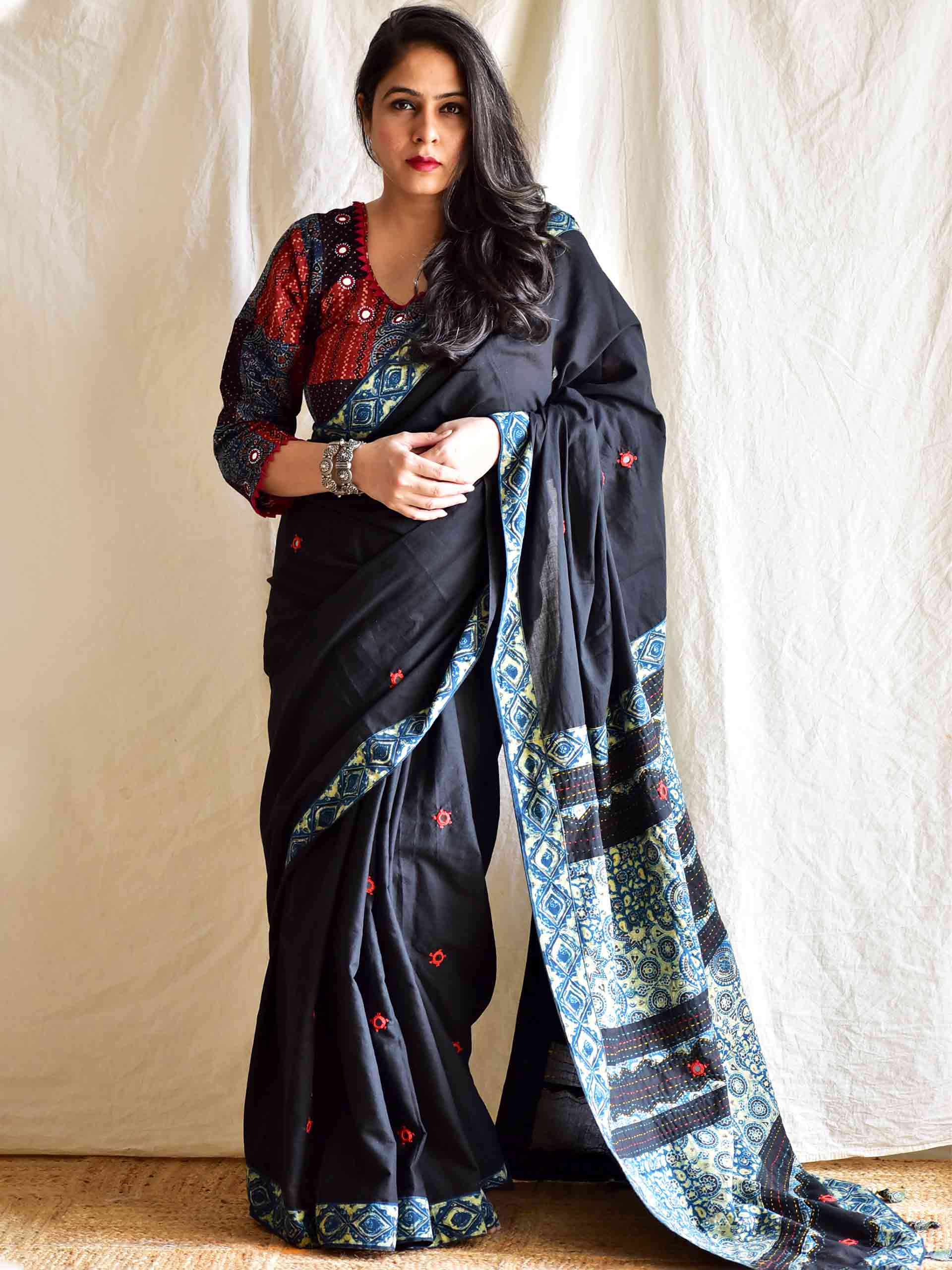 Beej - Ajrakh mirror work and patchwork saree
