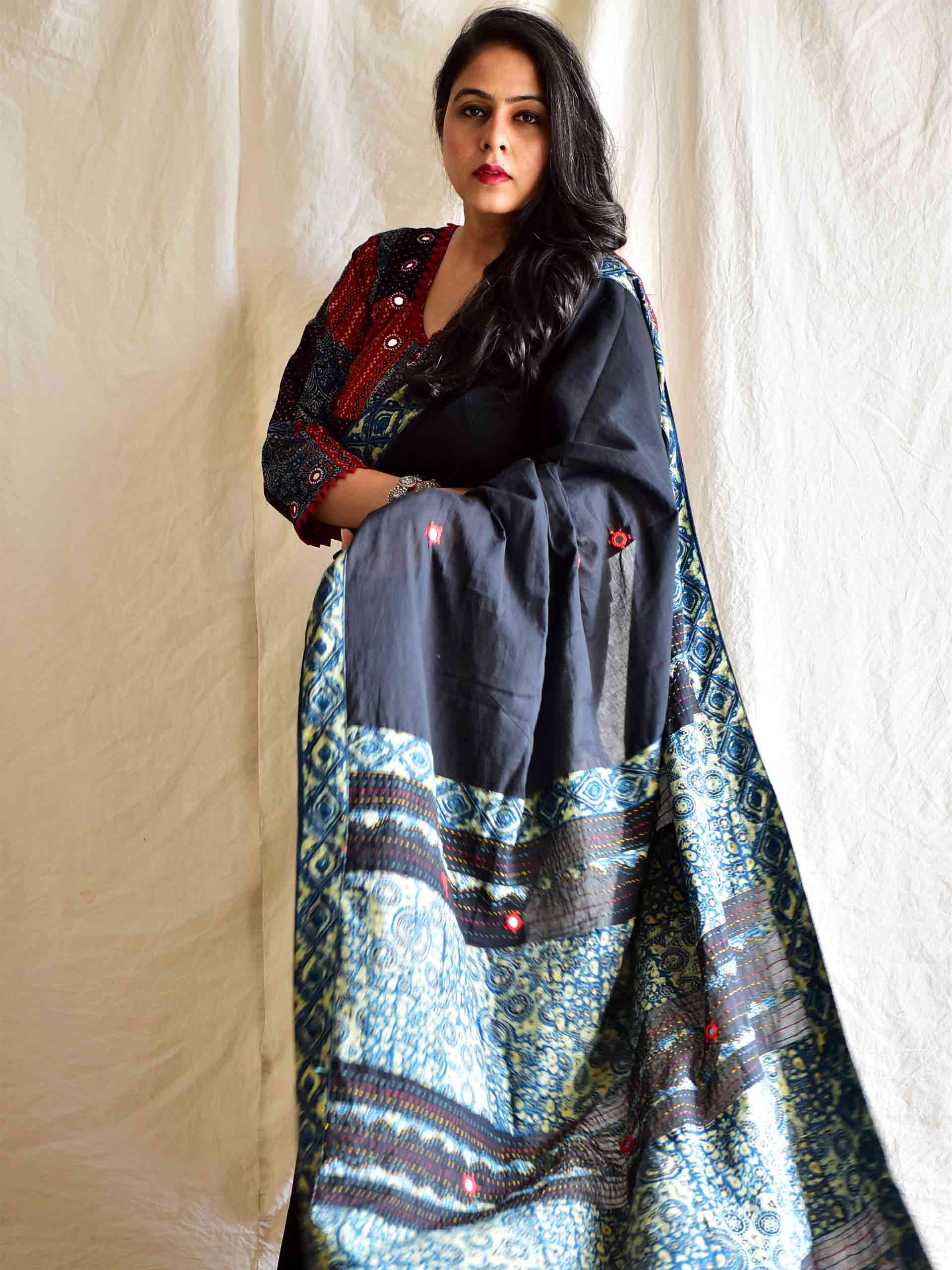 Beej - Ajrakh mirror work and patchwork saree