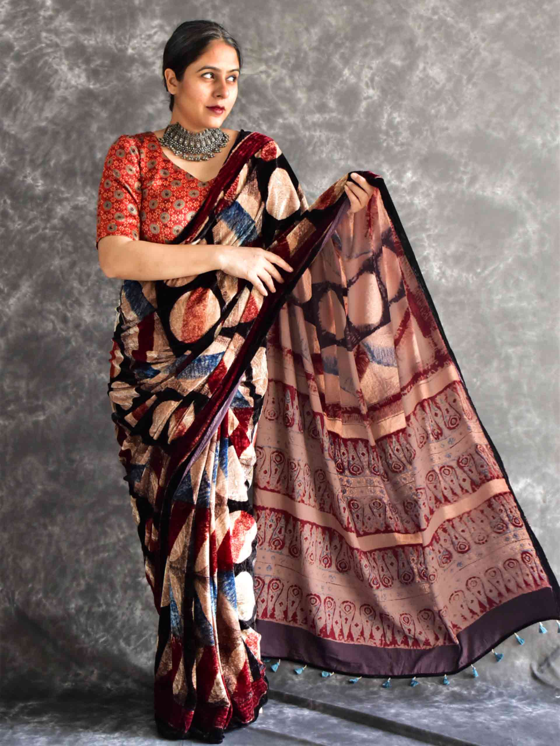 Reshmeen - Ajrakh Velvet Saree