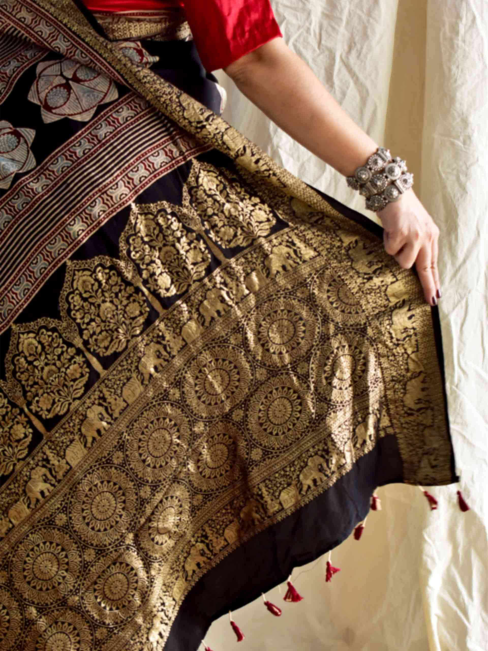 Misri - Ajrakh hand block printed Dola Silk zari border Saree