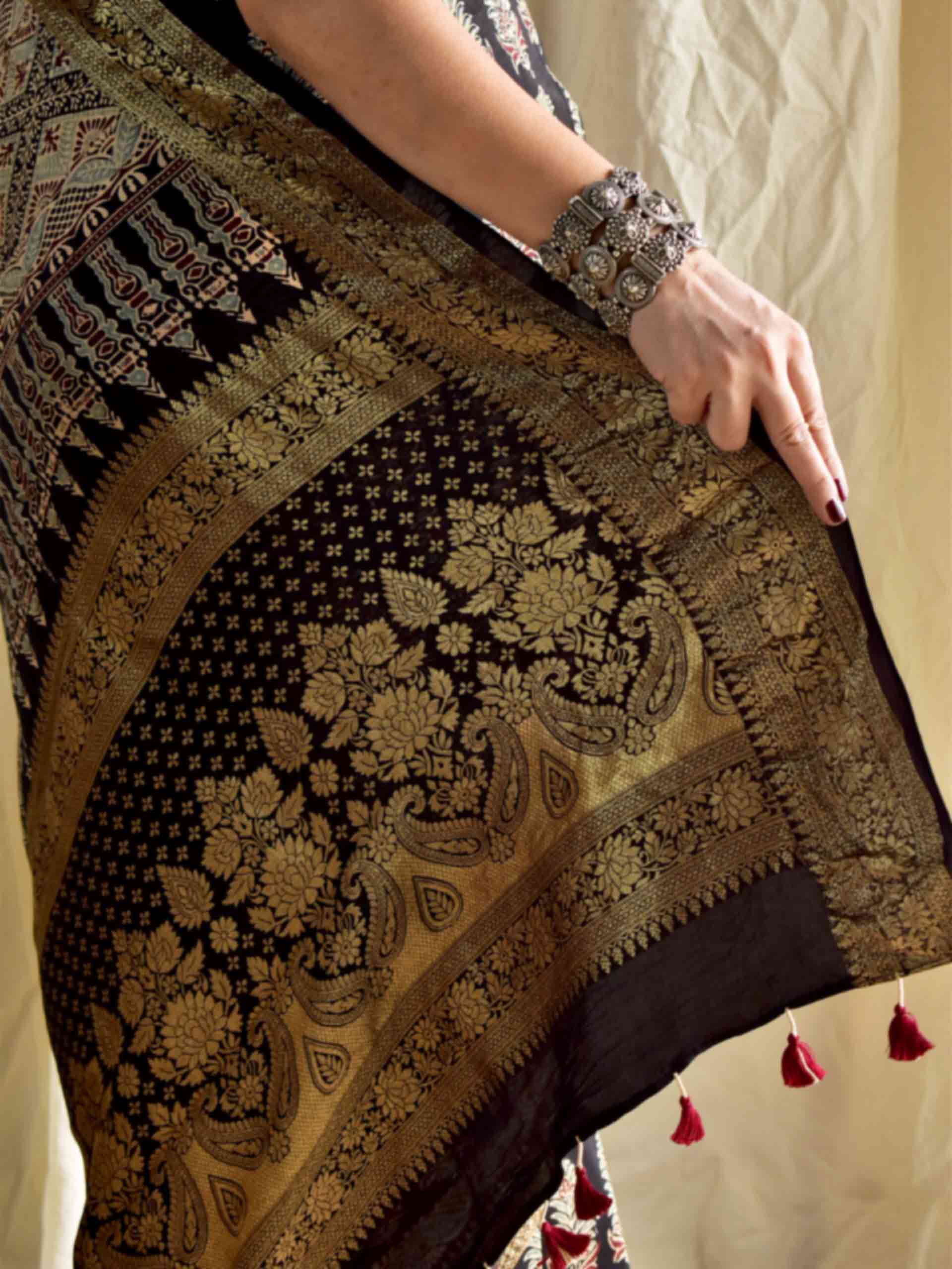 Mehjabeen - Ajrakh hand block printed Dola Silk zari border Saree