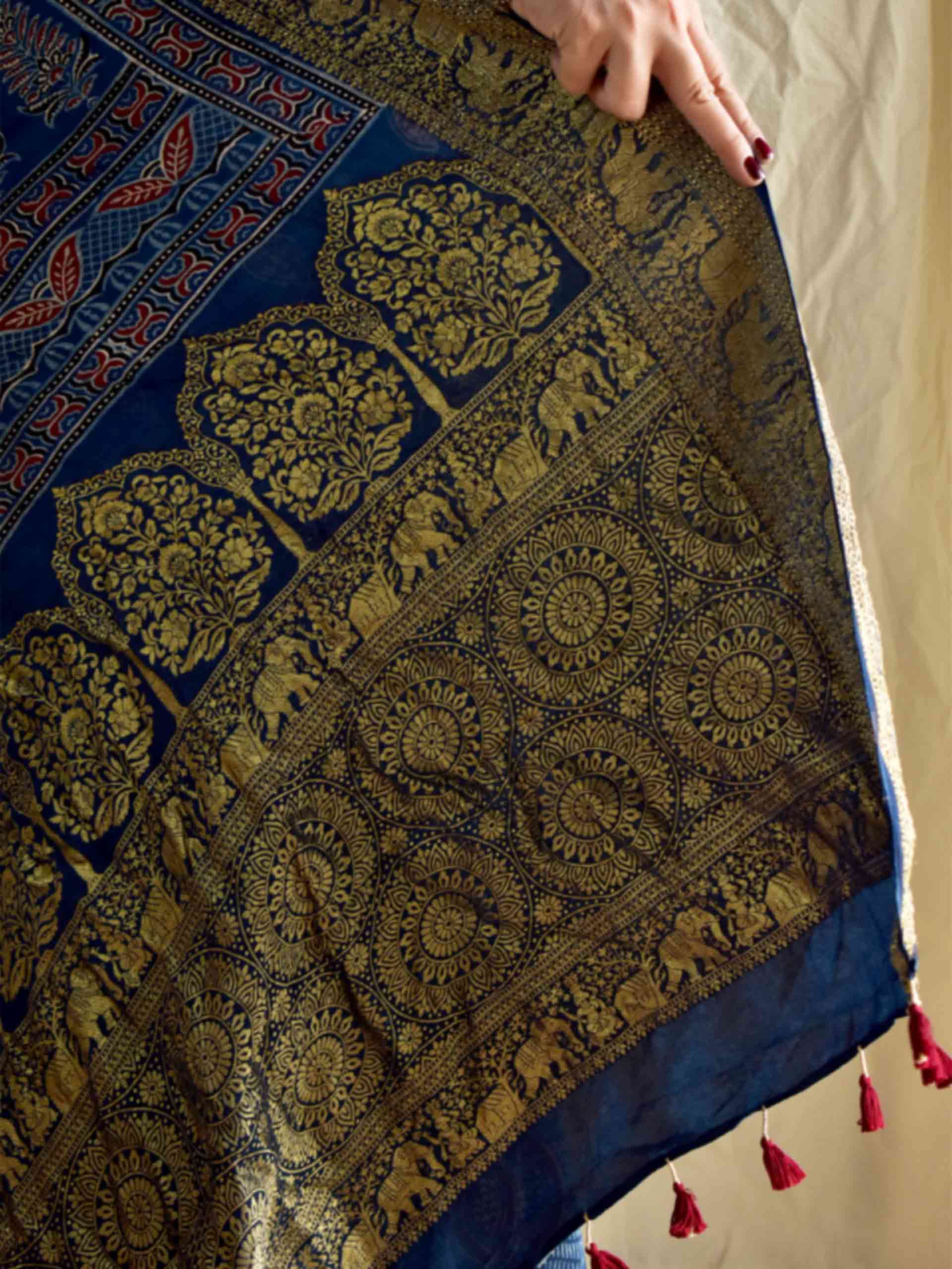 Kareem - Ajrakh hand block printed Dola Silk zari border Saree