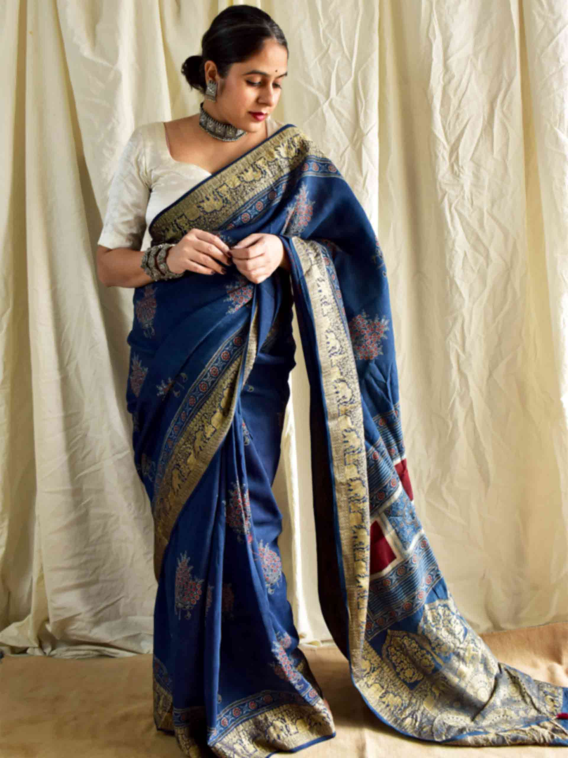 Mridang - Ajrakh hand block printed Dola Silk zari border Saree