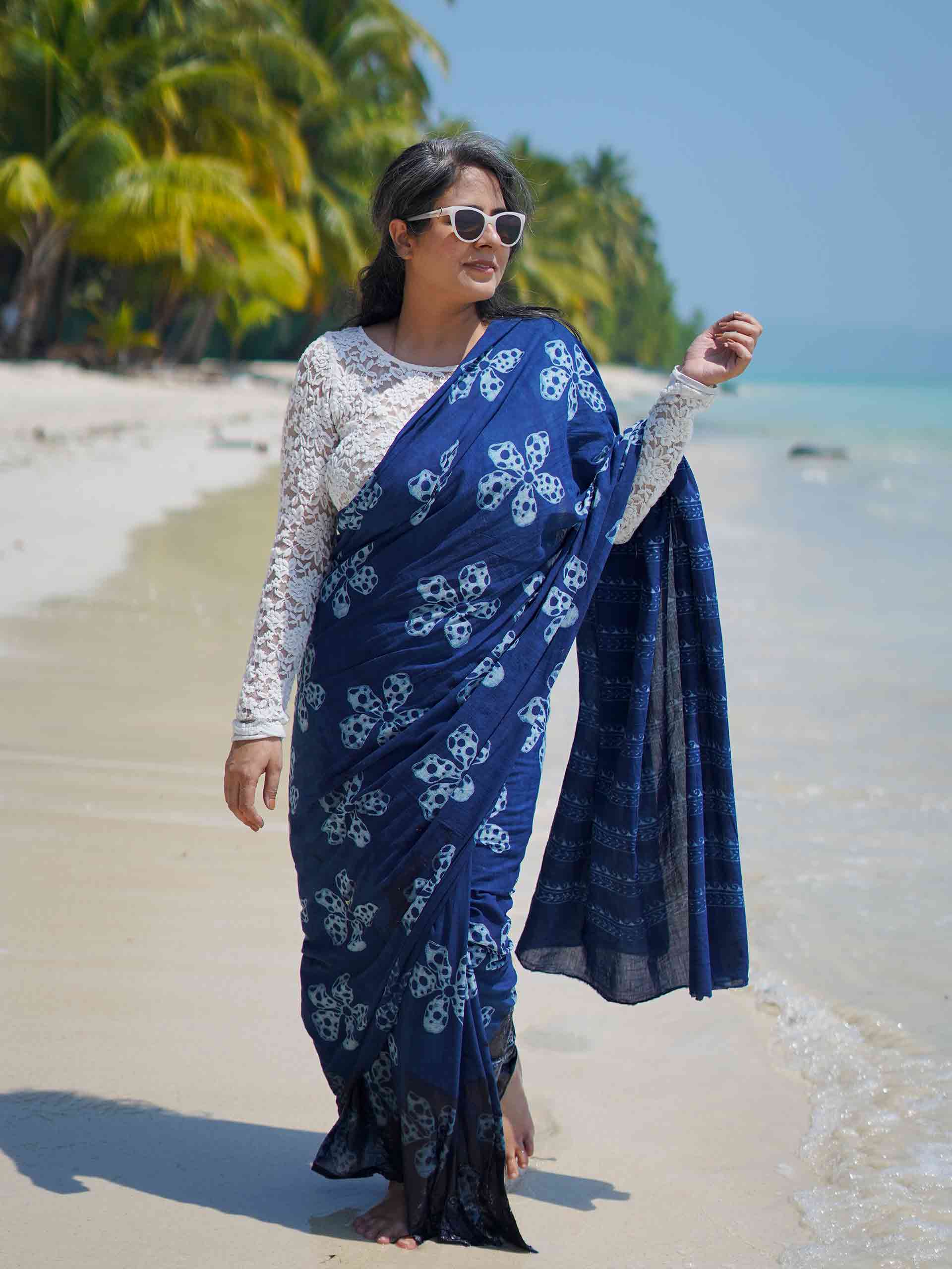 Hydrea Indigo mul cotton saree