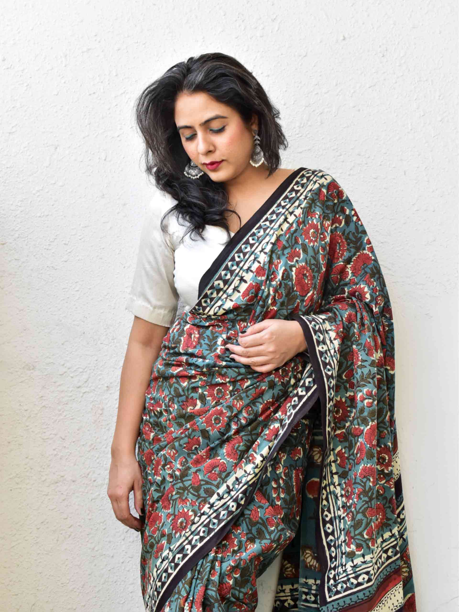 Buy Dabu hand block printed cotton saree Online