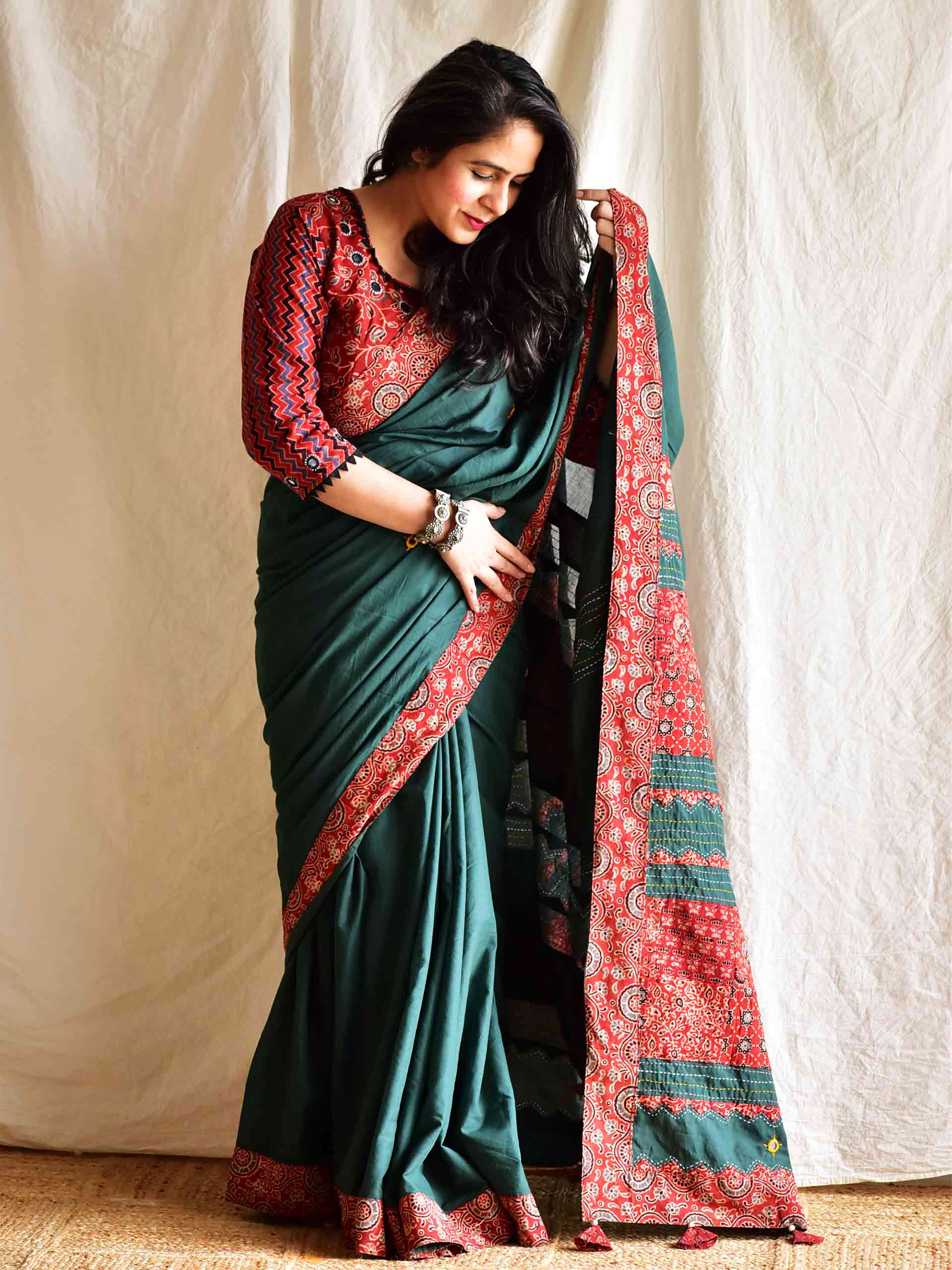 Bela - Ajrakh mirror work and patchwork saree