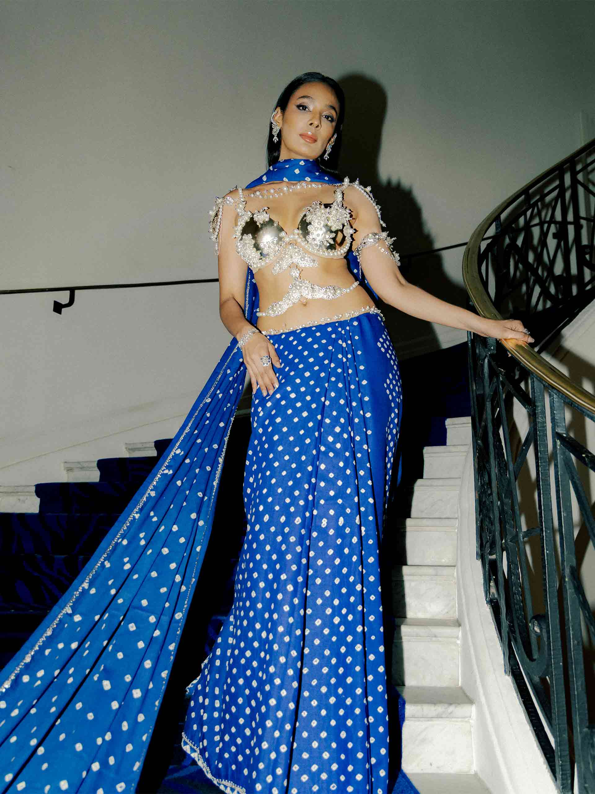 Ishita Cannes look - hand embroidered Bandhani saree