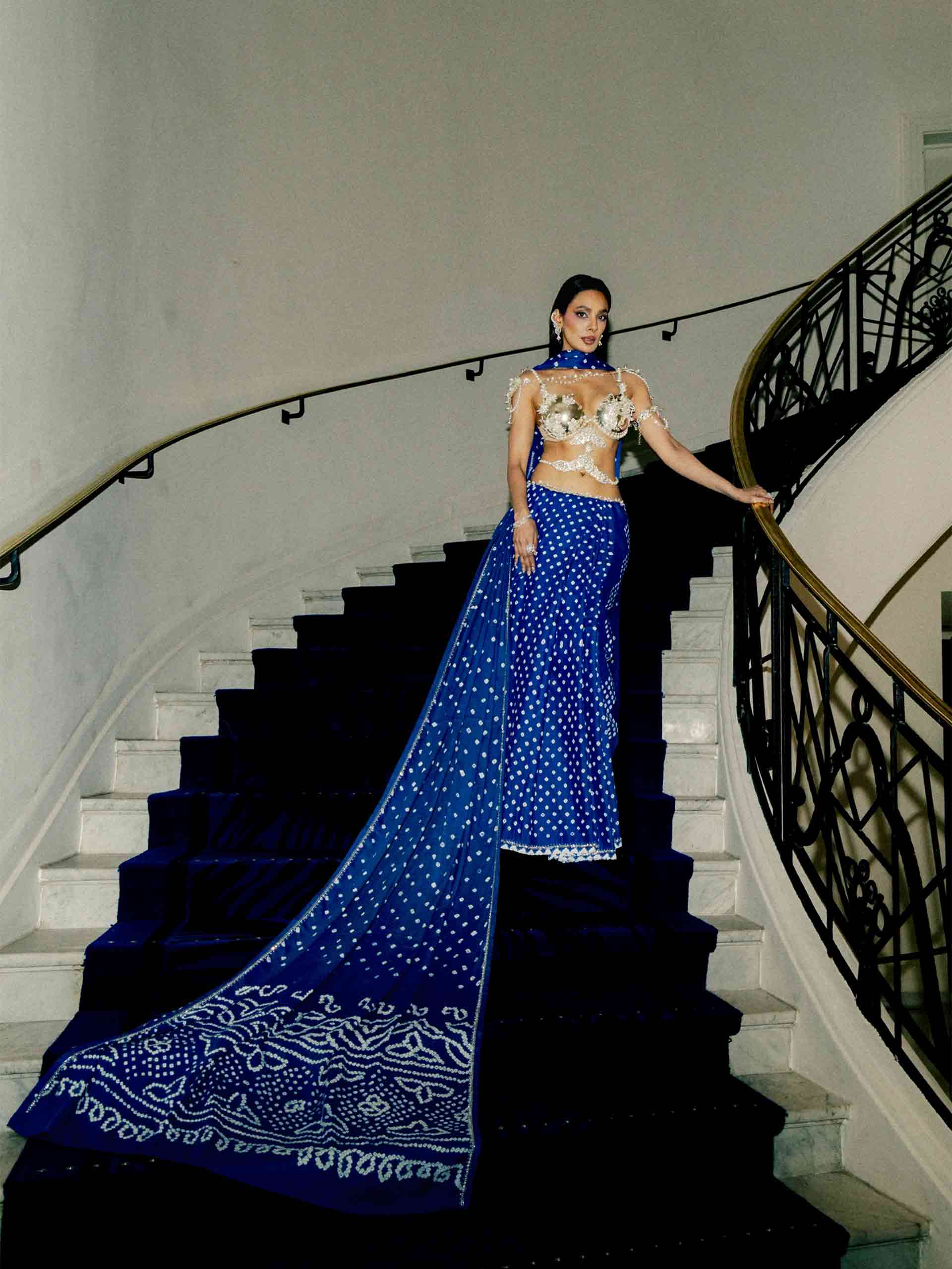 Ishita Cannes look - hand embroidered Bandhani saree
