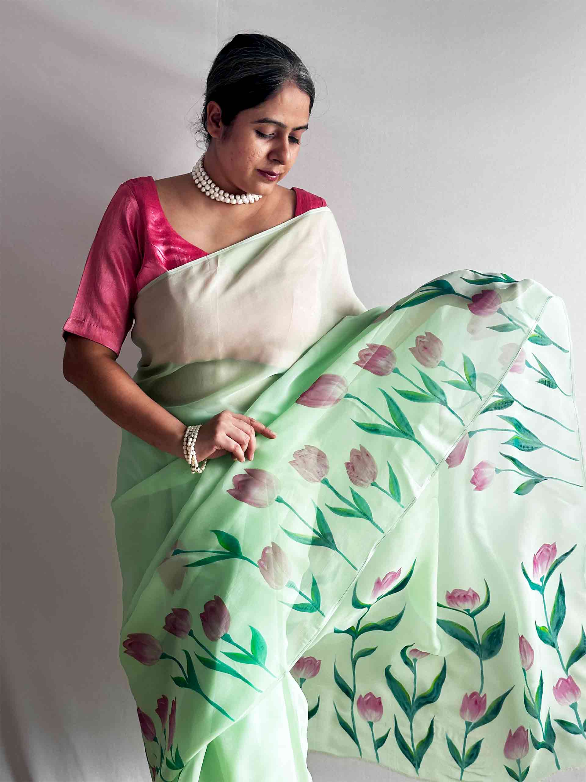 Harit Pushp - Hand print Organza saree