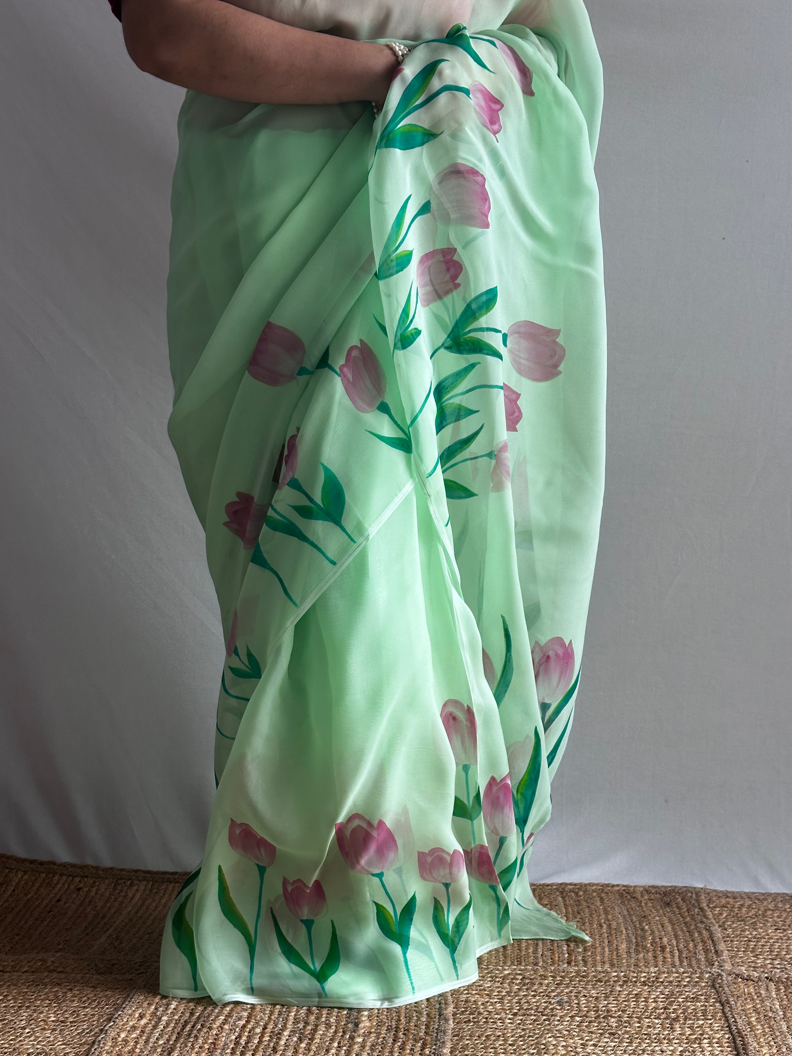Harit Pushp - Hand print Organza Silk saree