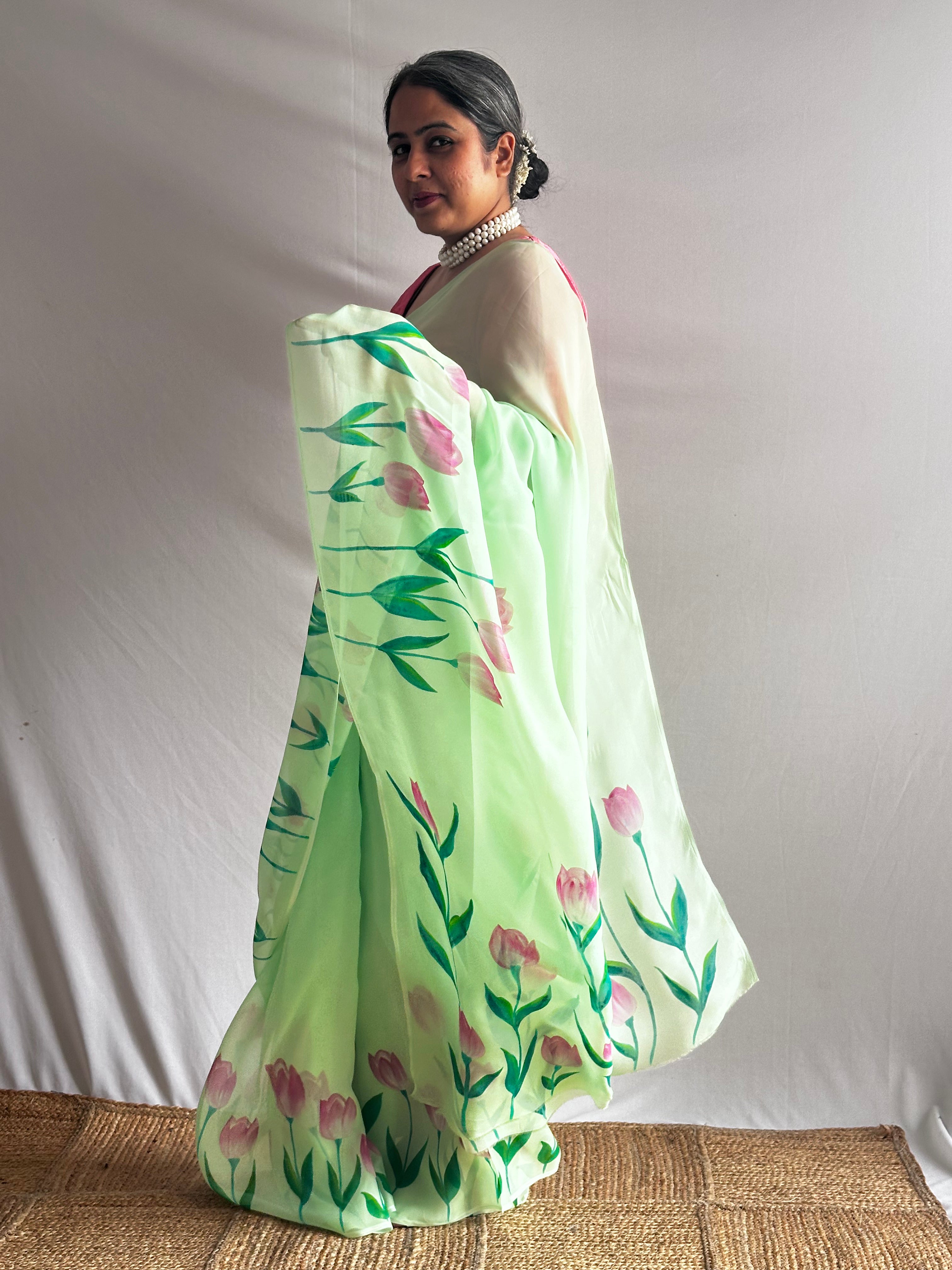 Harit Pushp - Hand print Organza Silk saree