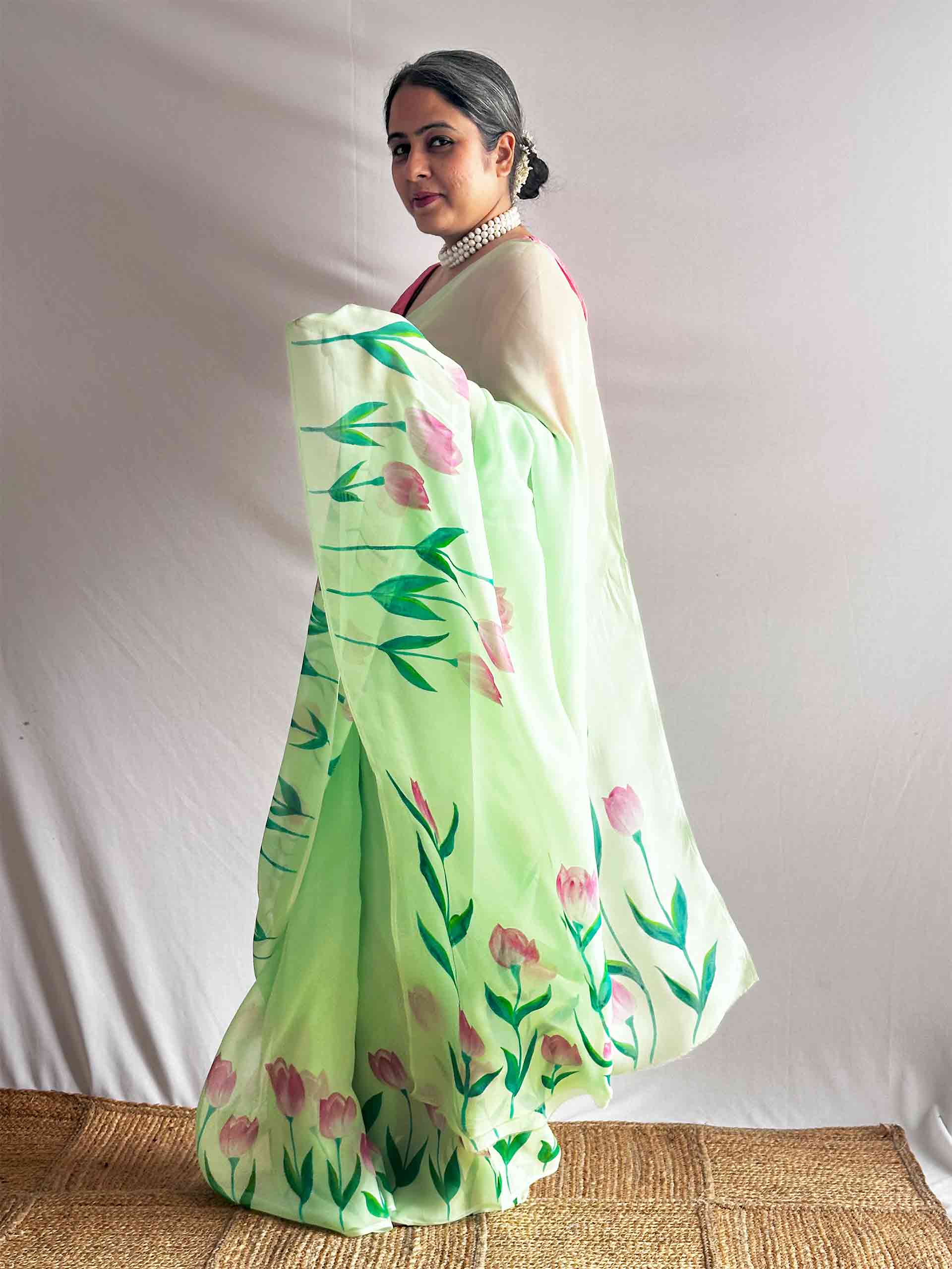 Harit Pushp - Hand print Organza saree