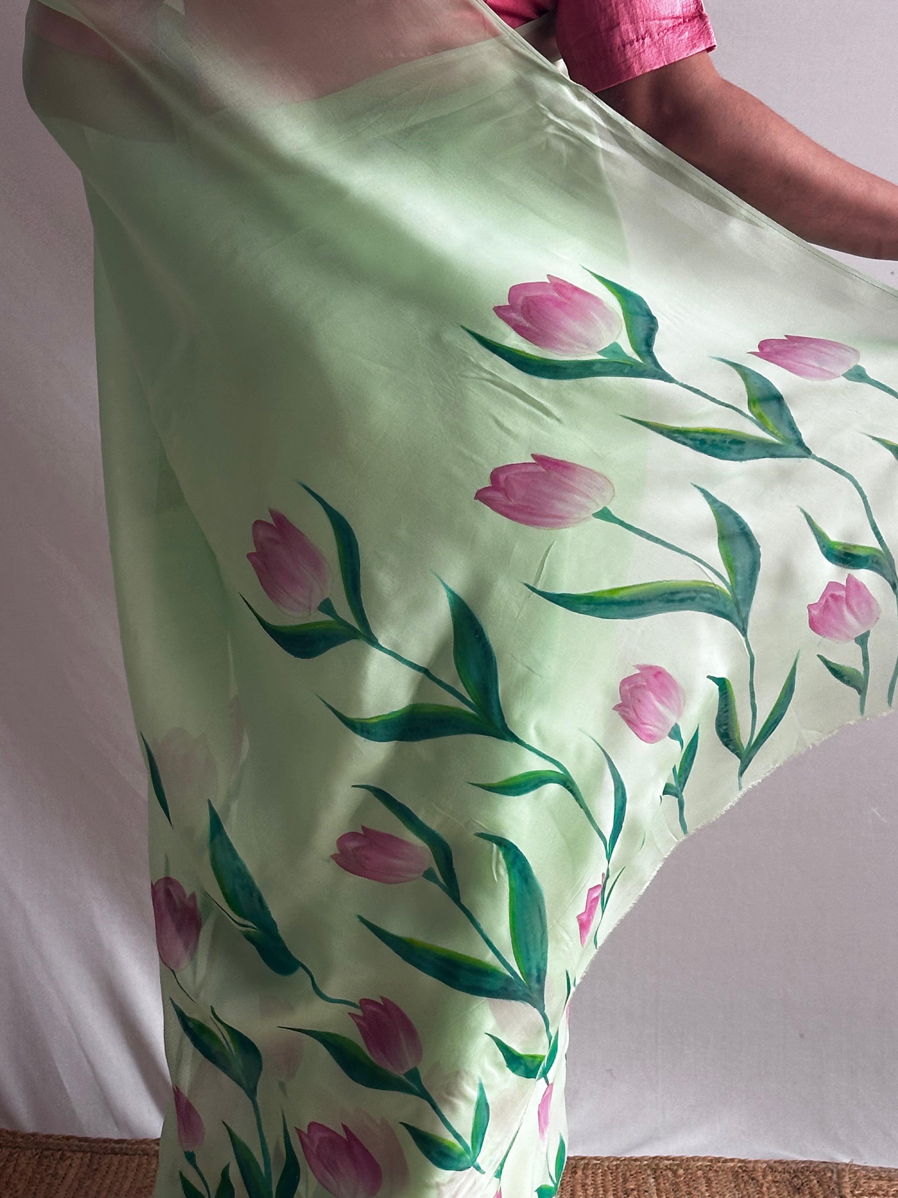 Harit Pushp - Hand print Organza Silk saree