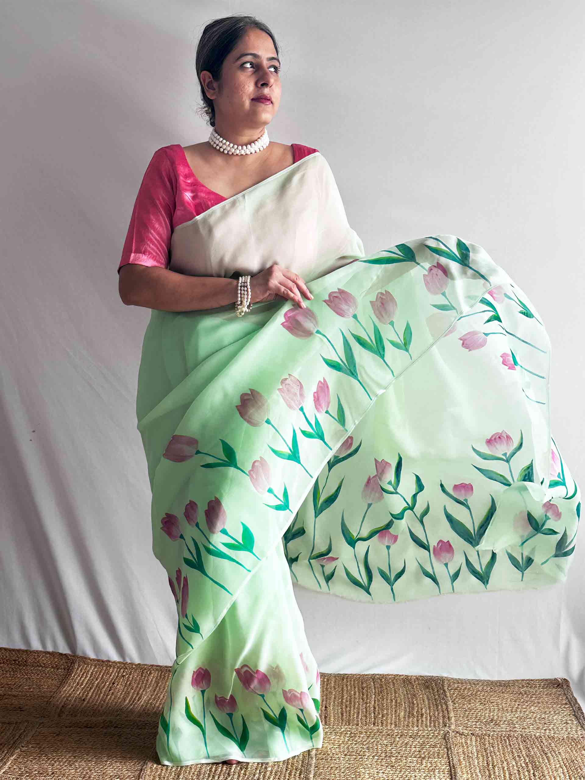 Harit Pushp - Hand print Organza saree
